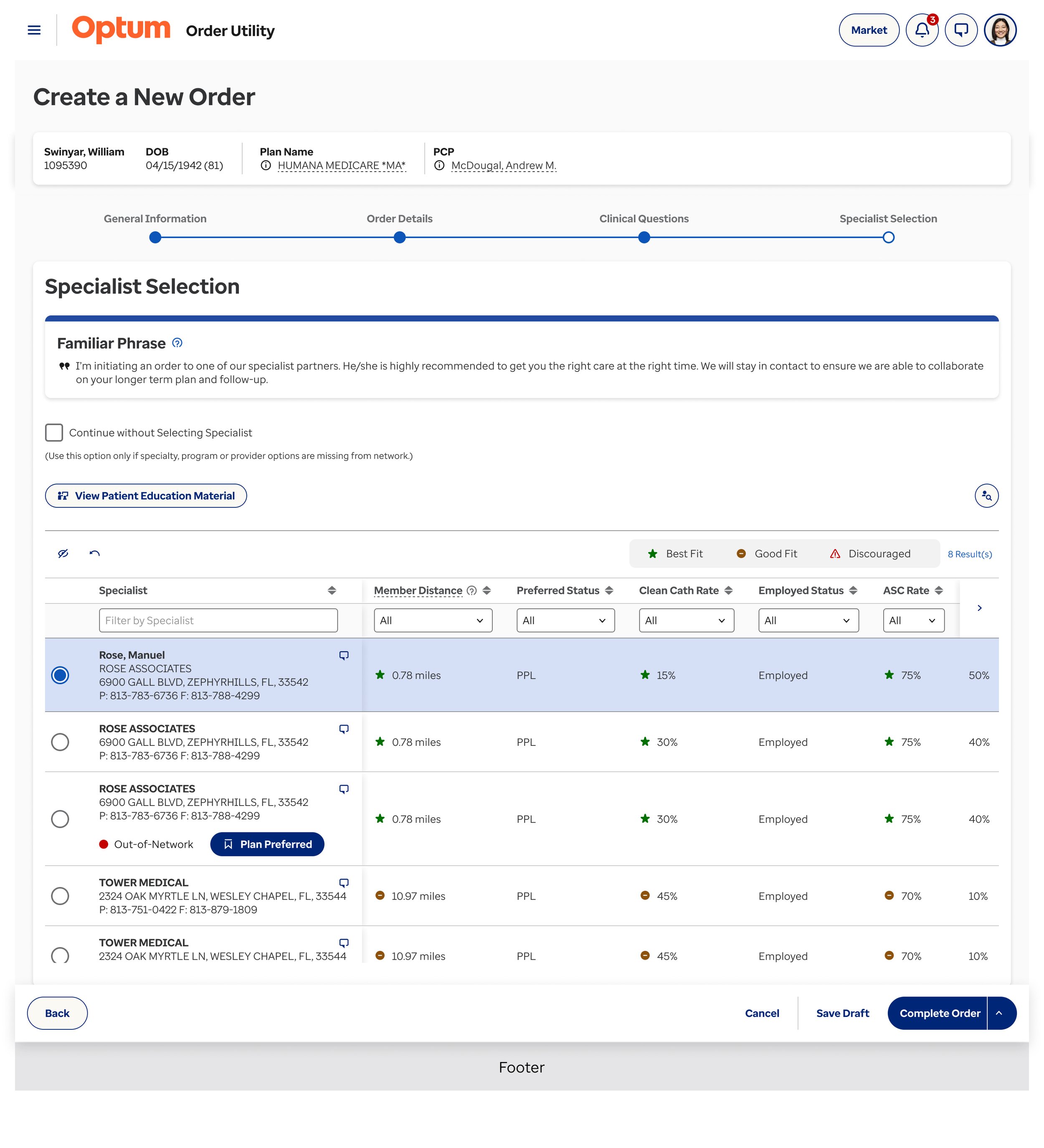 Step 4 Referring Specialist Selection - Create Referral Order