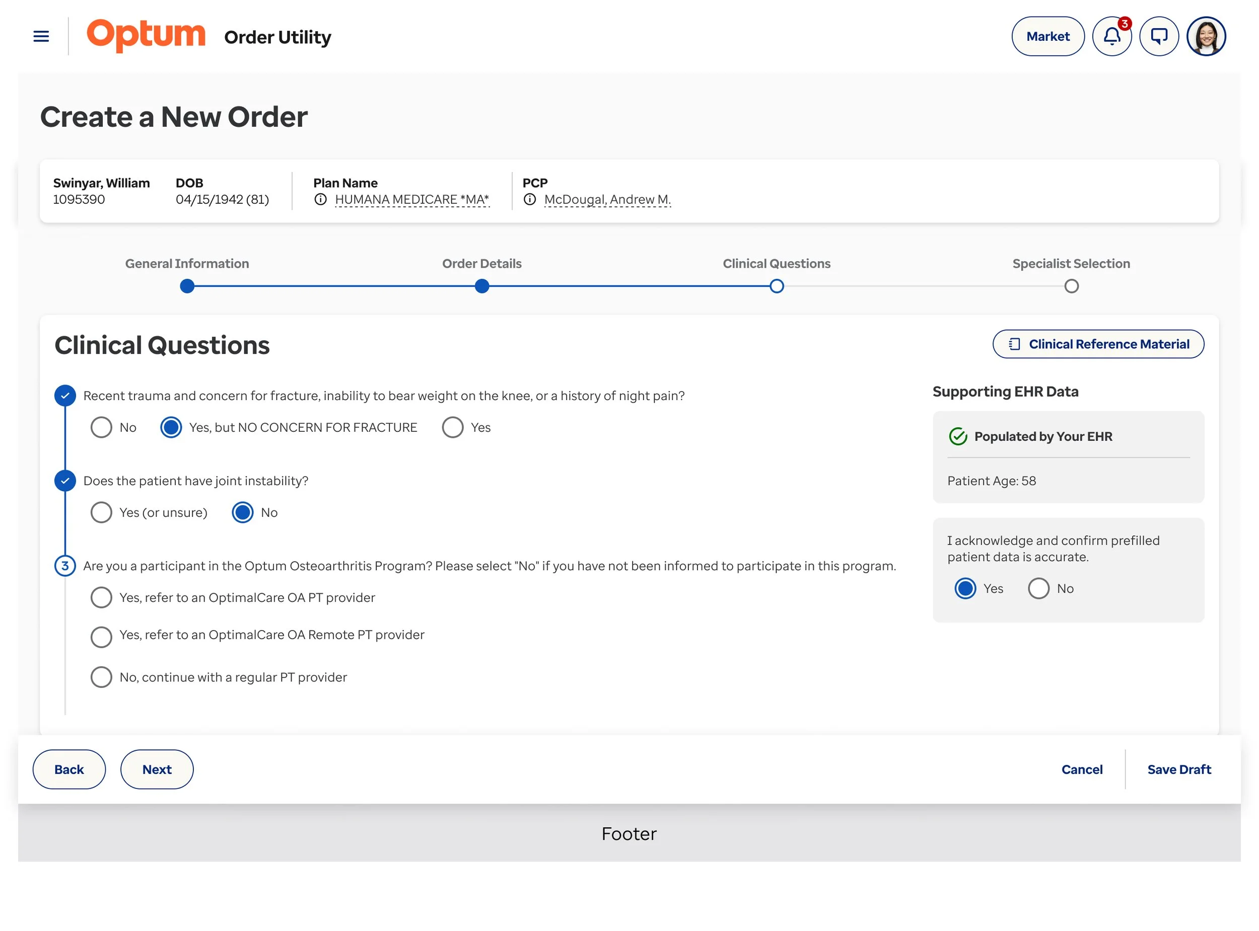 Step 3 Clinical Questions - Create Referral Order