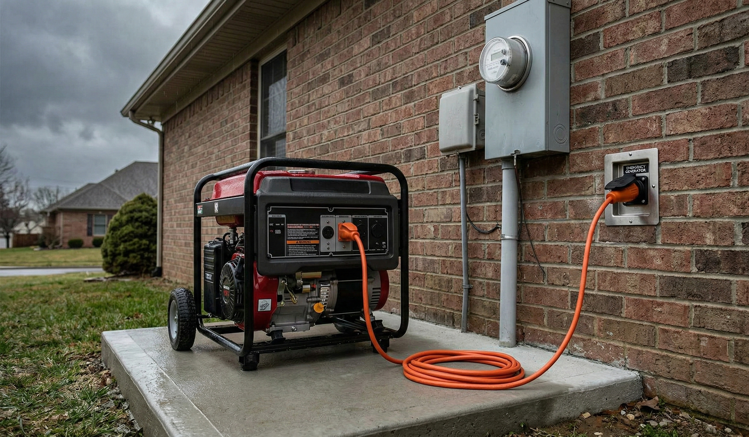 Home backup generator interlock kit and manual transfer switch installation for emergency power.