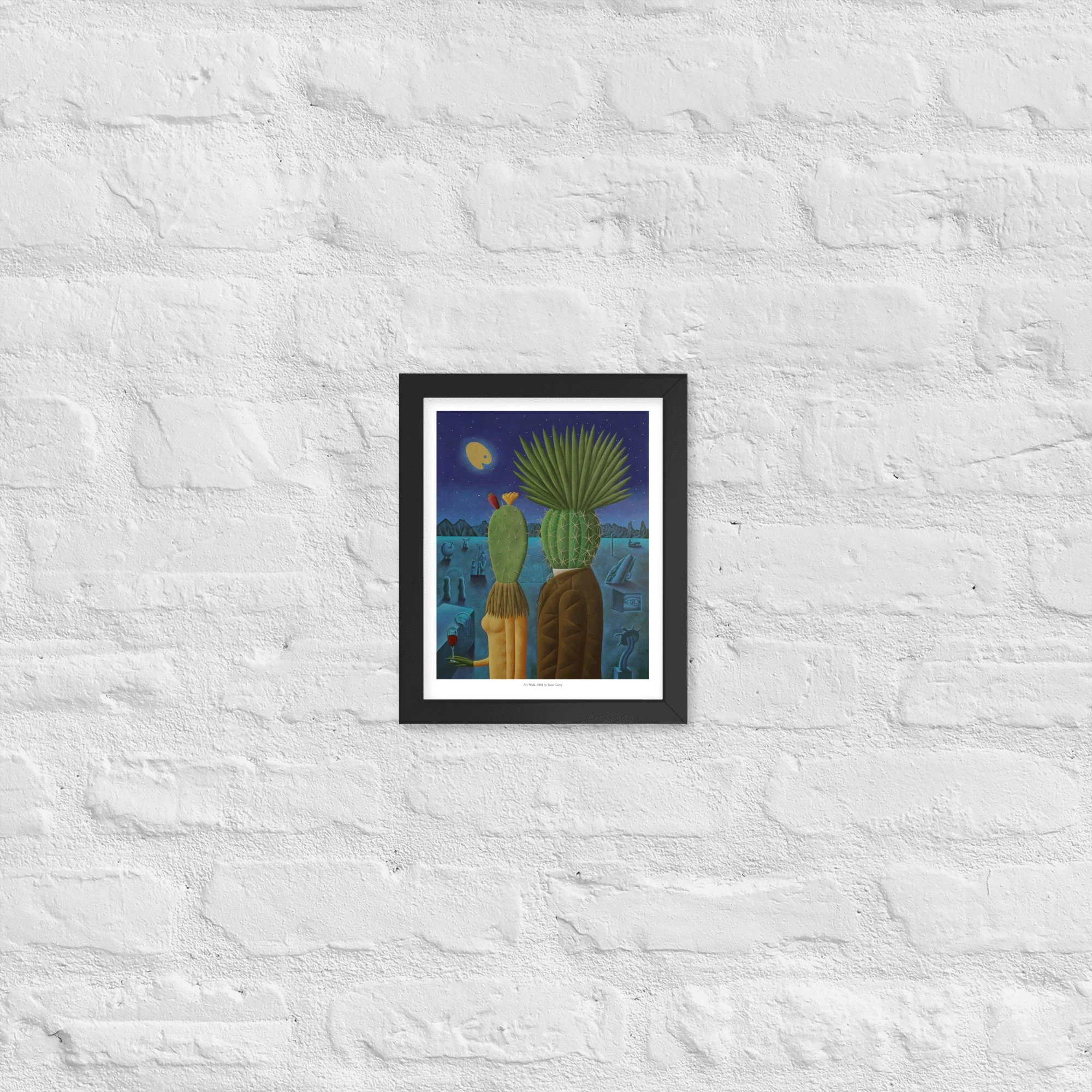 Surreal cactus couple art print by Tom Curry a whimsical desert night scene with moon, framed black
