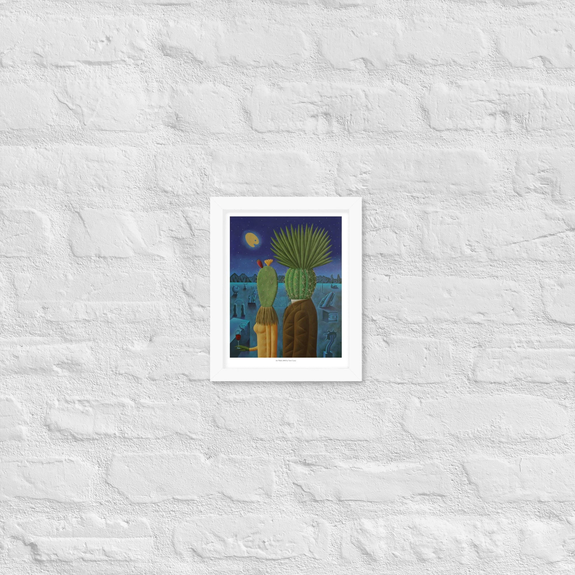 Surreal cactus couple art print by Tom Curry a whimsical desert night scene with moon, framed white