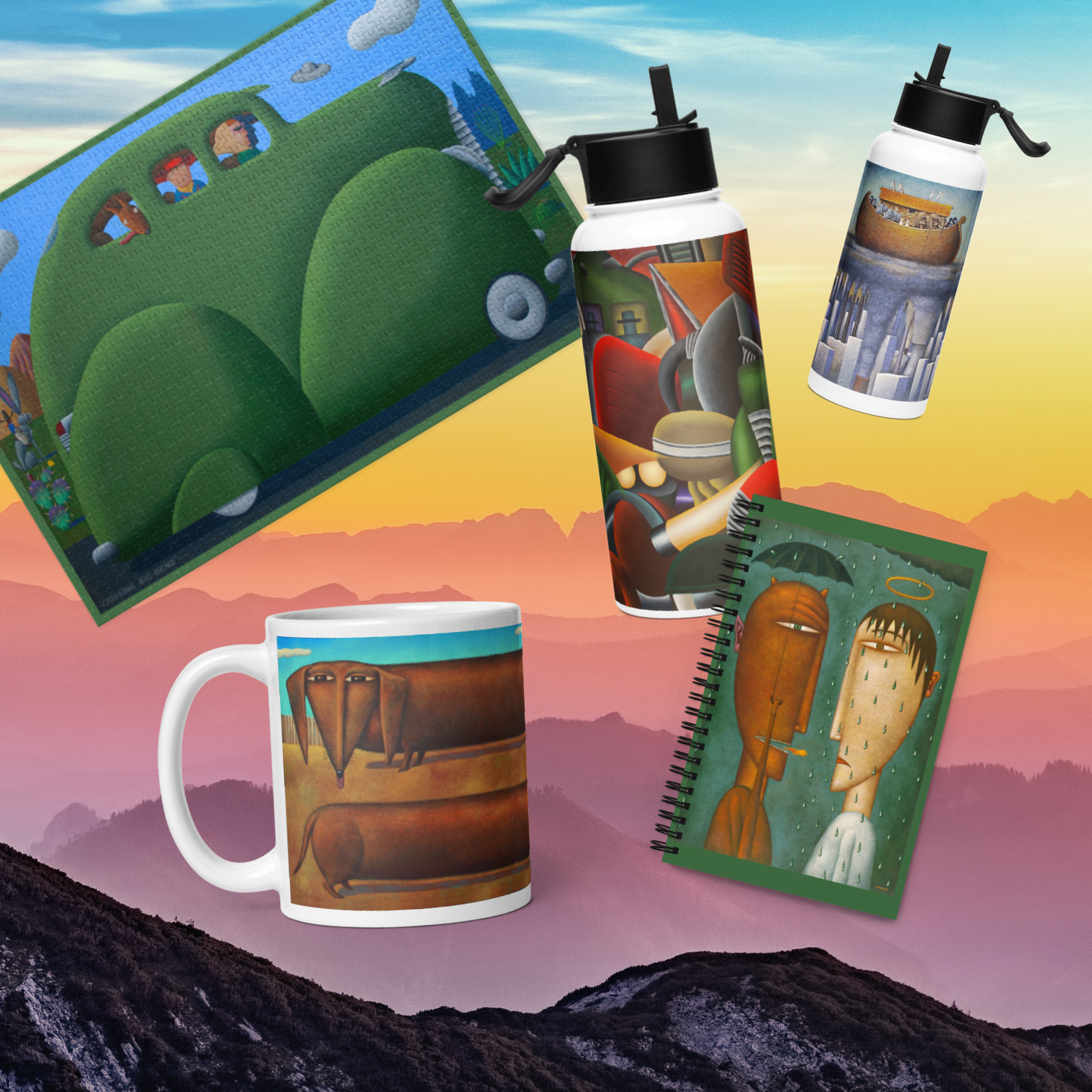 Coffee Mugs, Water Bottles, Puzzles and Notebooks
