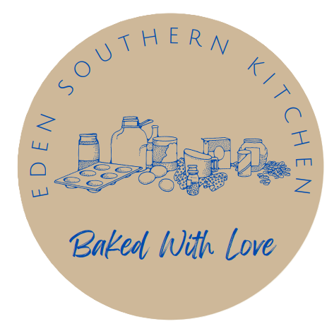Logo for Eden Southern Kitchen with illustrations of baked goods, jars, and eggs, and the text "Baked With Love."