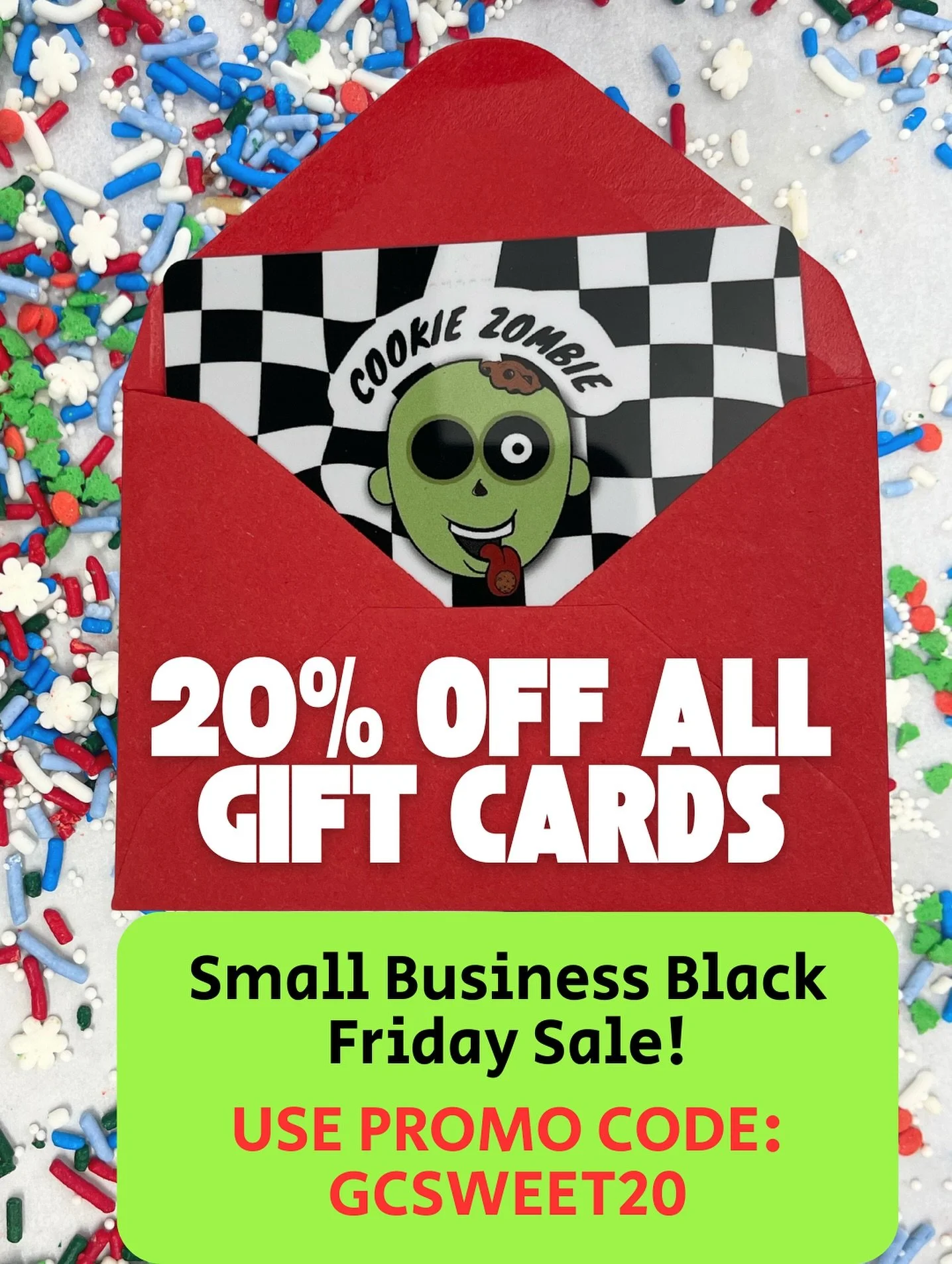 Our Small Business Black Friday deal is live! 🍪20% off all gift cards with promo code: GCSWEET20 💌 Order online to send your gift card via text or email 🍪🎁 Or pick up a physical gift card in our shop!
🍪www.cookiezombie.com
📍2806 Phelan Lane, Re