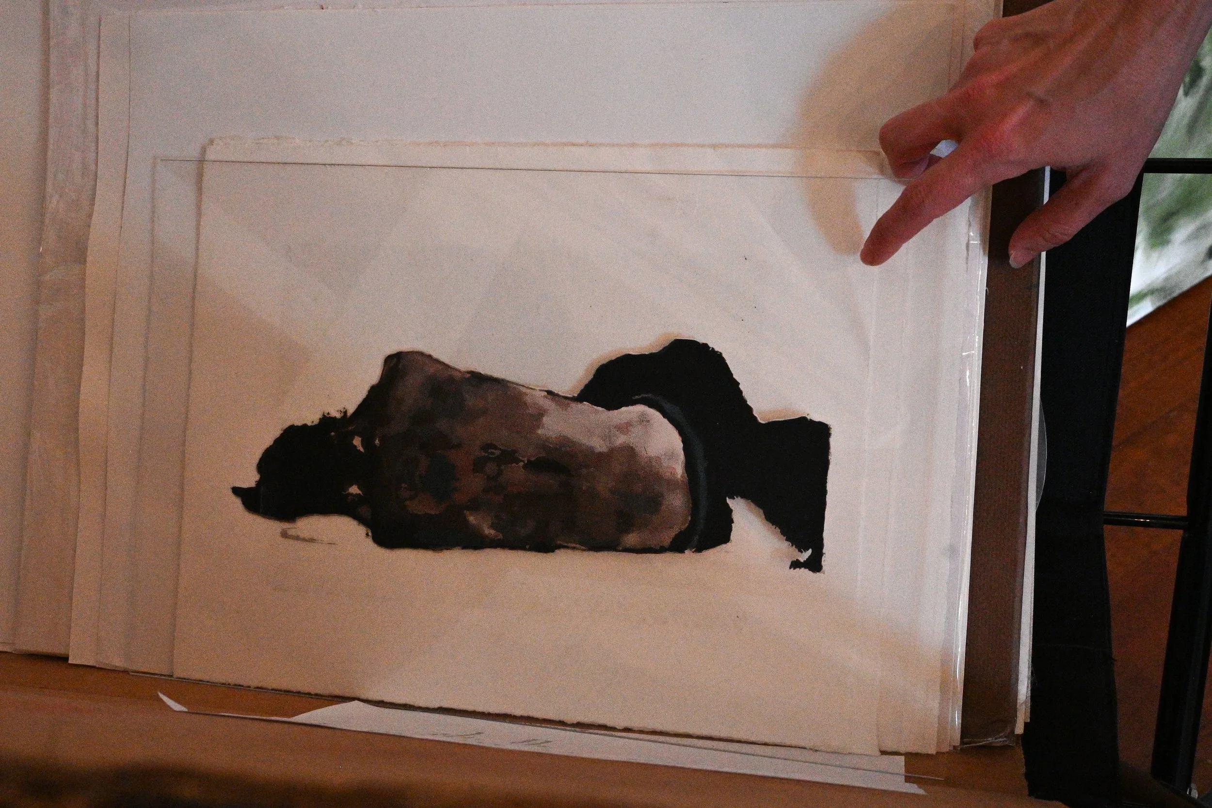Shannon Soldner points to one of her small paintings on April 19, 2025, in Rocheport, Missouri.