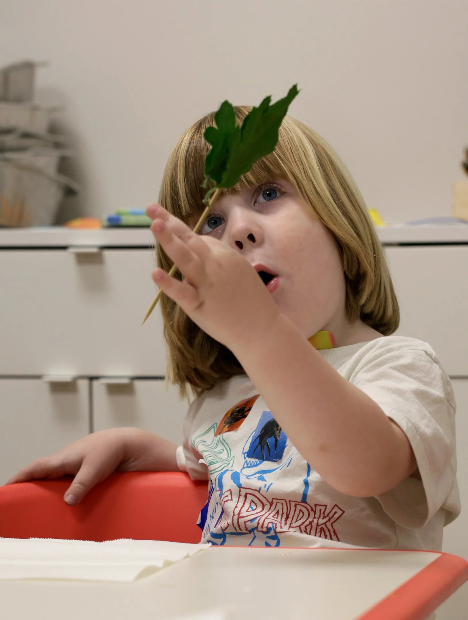 Peyton Hurst, 4, inspects a stick during the Dino Summer Camp on Monday at the Tiny Play Cafe in Columbia. Snack time featured fruit kabobs that the campers assembled themselves.
