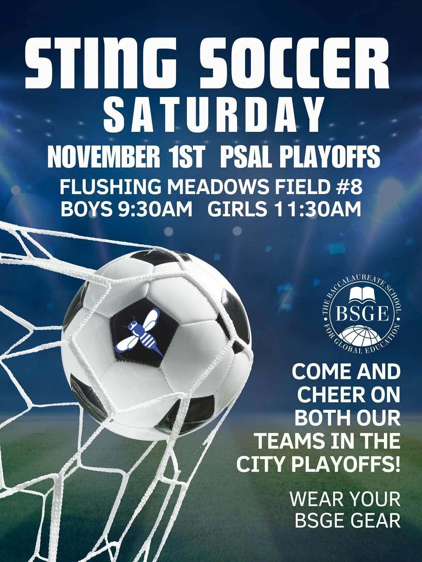 Come out this Saturday as both our undefeated soccer teams take on the PSAL playoffs!!!! Go Sting 🐝 Soccer ⚽️!!!!!