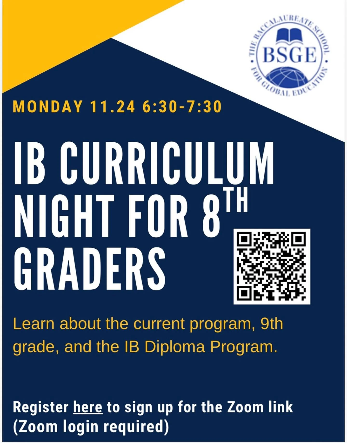 On Monday 11/24 we will host an IB Curriculum Night for 8th grade students and their families, please sign up for this virtual event here: https://zoom.us/meeting/register/3AwNXW8_S6-sF0qW_U9e0g#/registration