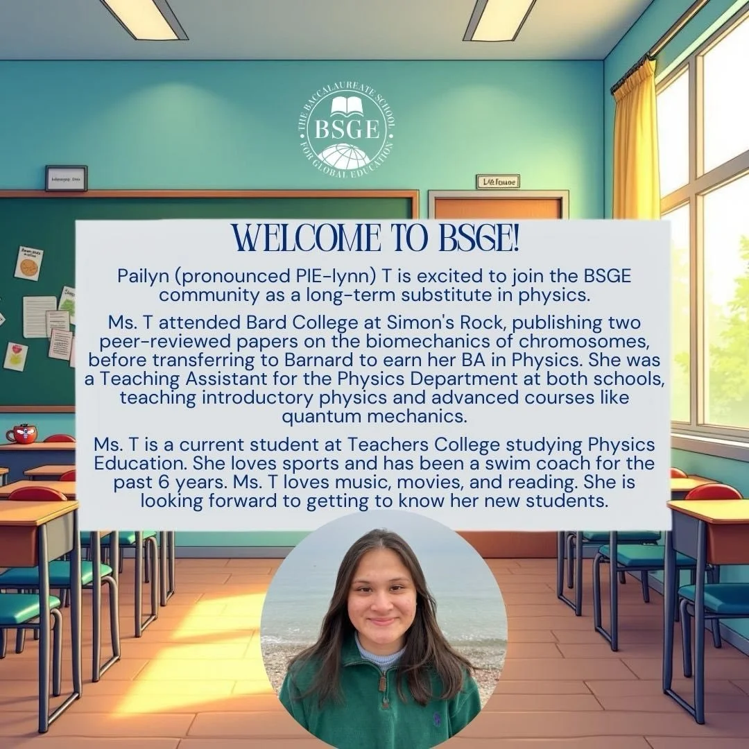 Please welcome Ms. T who joins BSGE today as a long term sub in Physics!