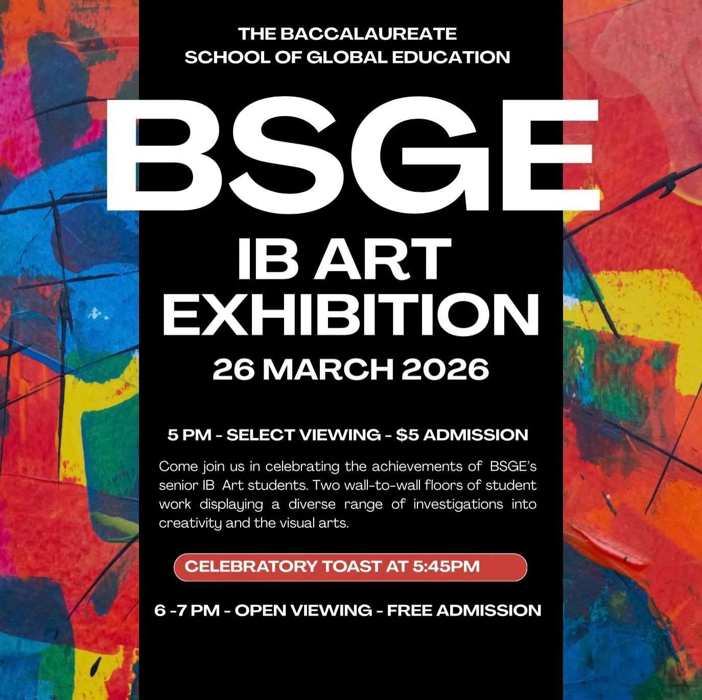 Please join us for an inspiring evening celebrating the creativity and achievements of the senior IB Art students at the  Baccalaureate School for Global Education. 

Experience two wall-to-wall floors of original student artwork exploring a diverse 