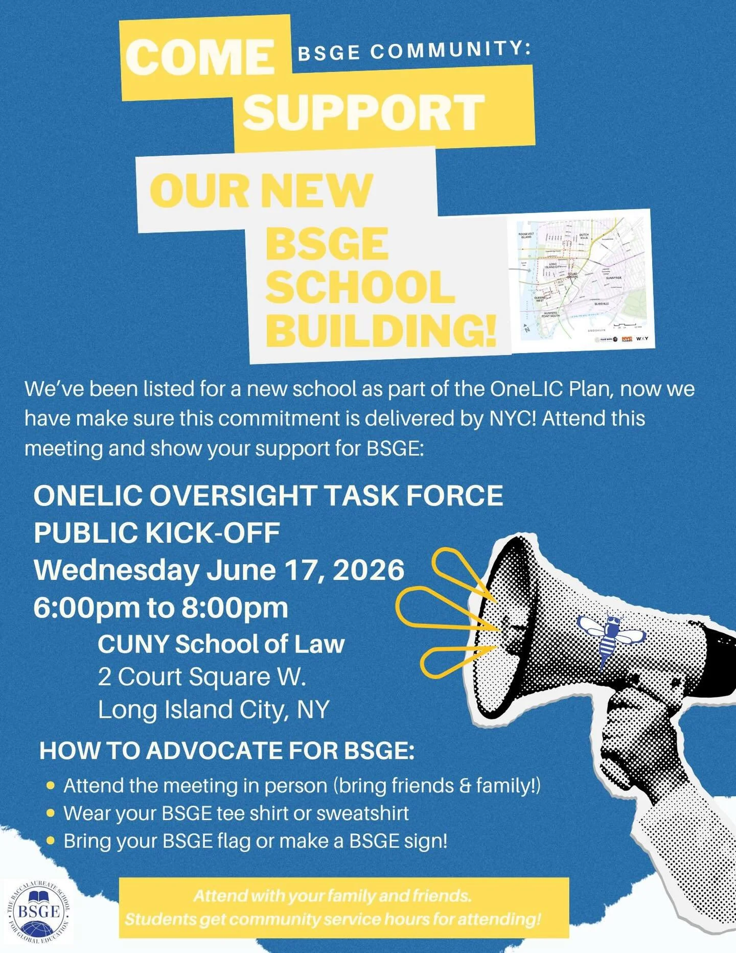 🏠 NEW BUILDING ALERT: We need YOU! 🐝

The OneLIC Plan has passed, and BSGE is officially slated for a BRAND NEW purpose-built school building! Now, we need to make sure the City delivers on that promise. 🗽✨

Join the BSGE community at the first On