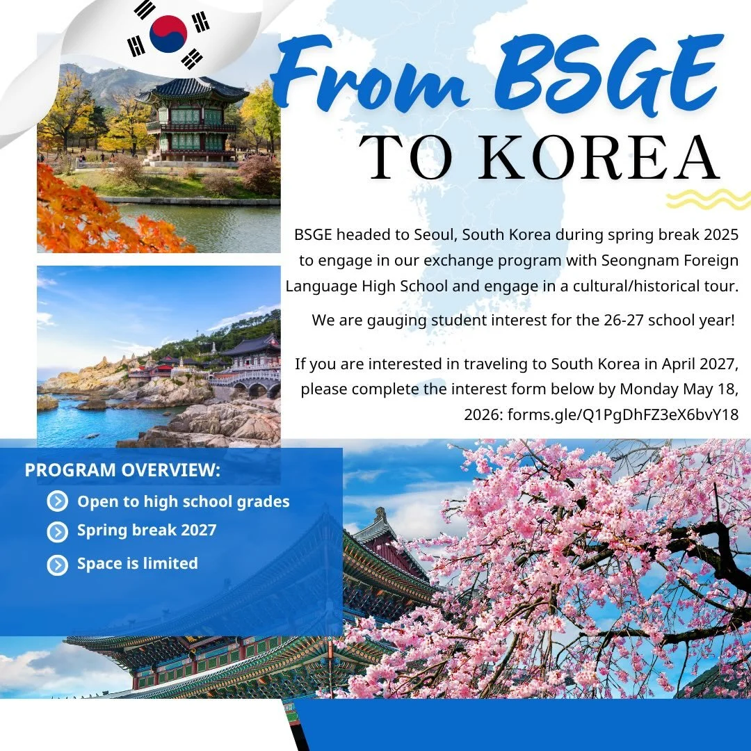 SOUTH KOREA 2027: GAUGING INTEREST! ✈️🏮

Following our incredibly successful exchange program and cultural tour in Seoul last spring, we are thrilled to begin gauging student interest for a return trip during Spring Break 2027!

This program offers 