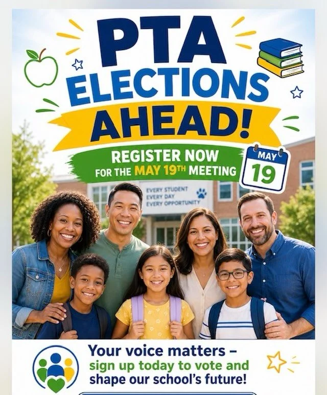 PTA elections are next week! Join the executive board of our amazing PTA. 

Please join our meeting on May 19th
Run for Executive Board: bsgepta@gmail.com
Register: https://www.bsgepta.org/