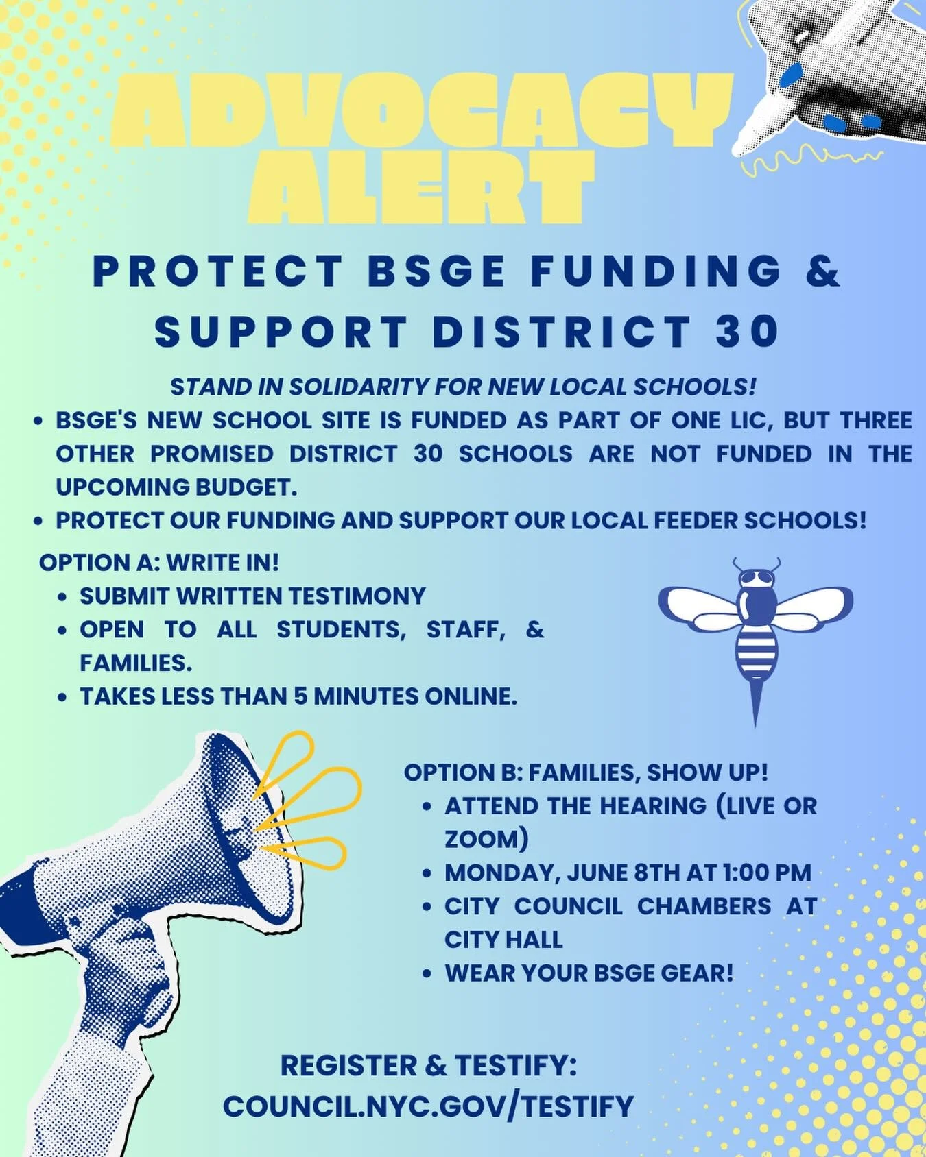 🚨 ADVOCACY ALERT: Protect BSGE Funding &amp; Support District 30! 🐝🎒

While BSGE&rsquo;s new building relocation is currently funded, the other critical schools promised in the OneLIC Plan&mdash;one middle school and two elementary schools&mdash;a