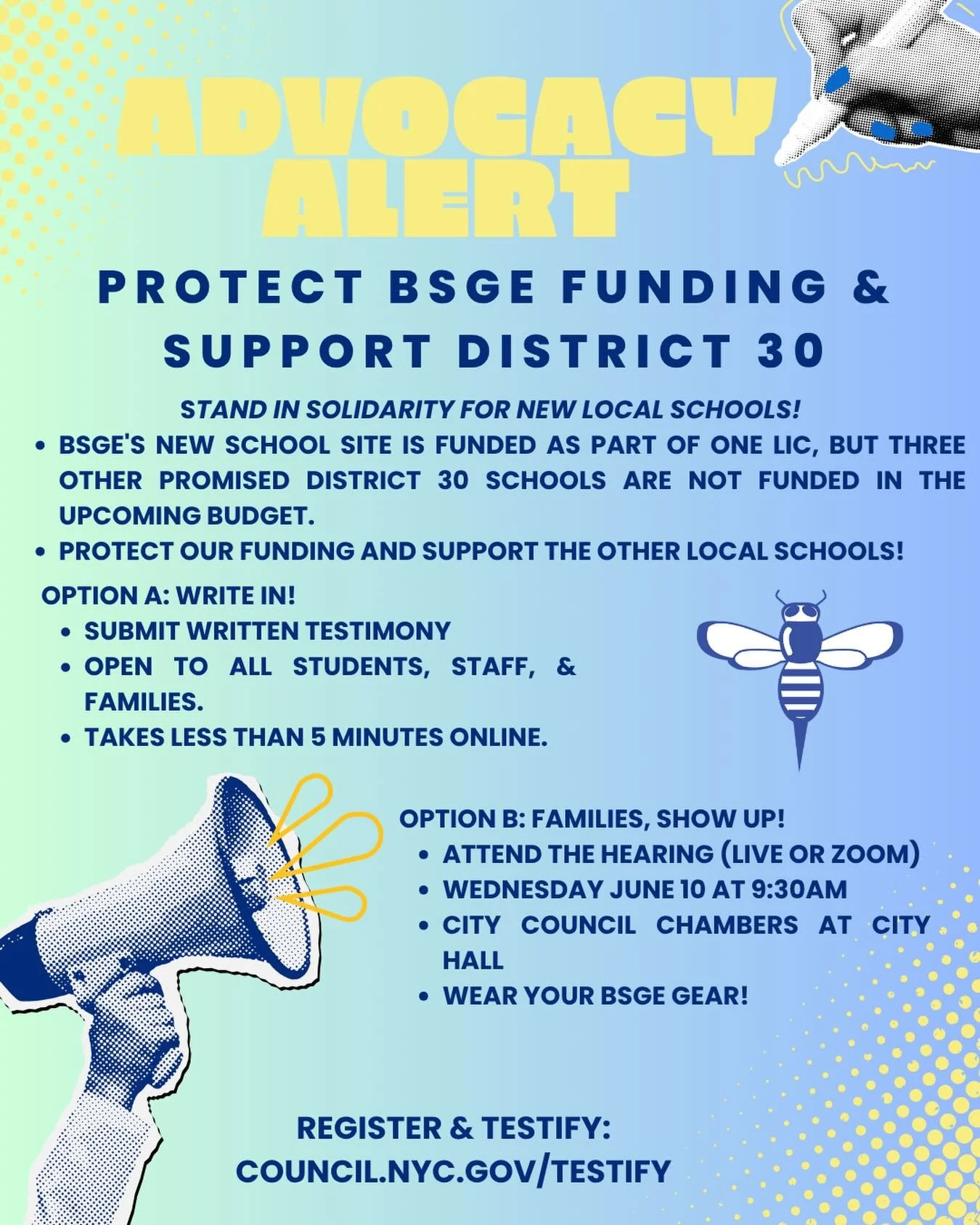 🚨 ADVOCACY UPDATE: Protect BSGE Funding &amp; Support Our Community! 🐝🎒

The City Council budget hearing date has been updated! We need the BSGE community to rally and make our voices heard at the Finance Committee hearing.

While BSGE&rsquo;s new