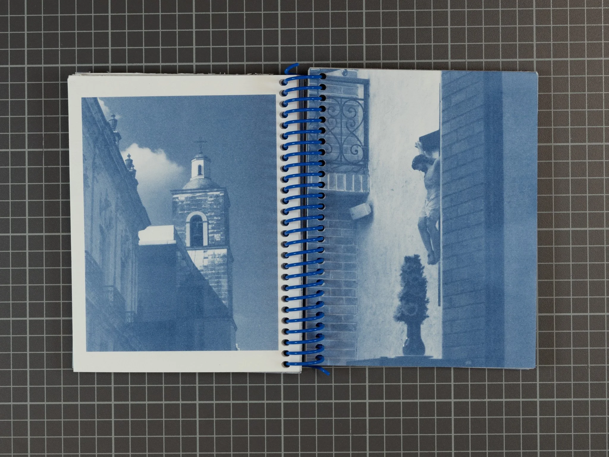 Open spiral-bound photo album with two blue-tinted photographs, one of a church tower and building exterior, and the other of a person sitting on a balcony ledge with a dog and a small plant, on a gray grid surface.