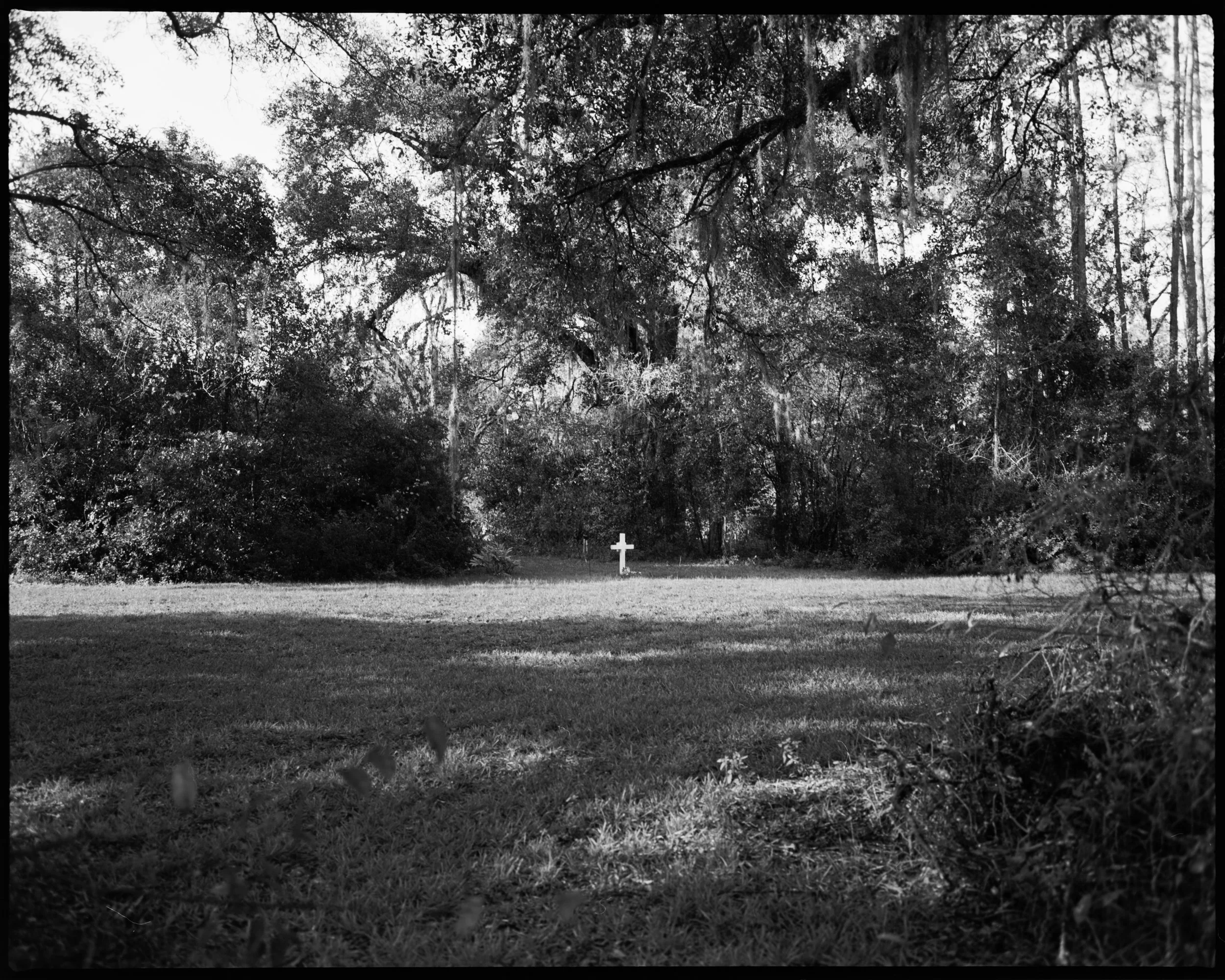 A grassy clearing with a white cross at the center, surrounded by trees and dense foliage, in black and white.