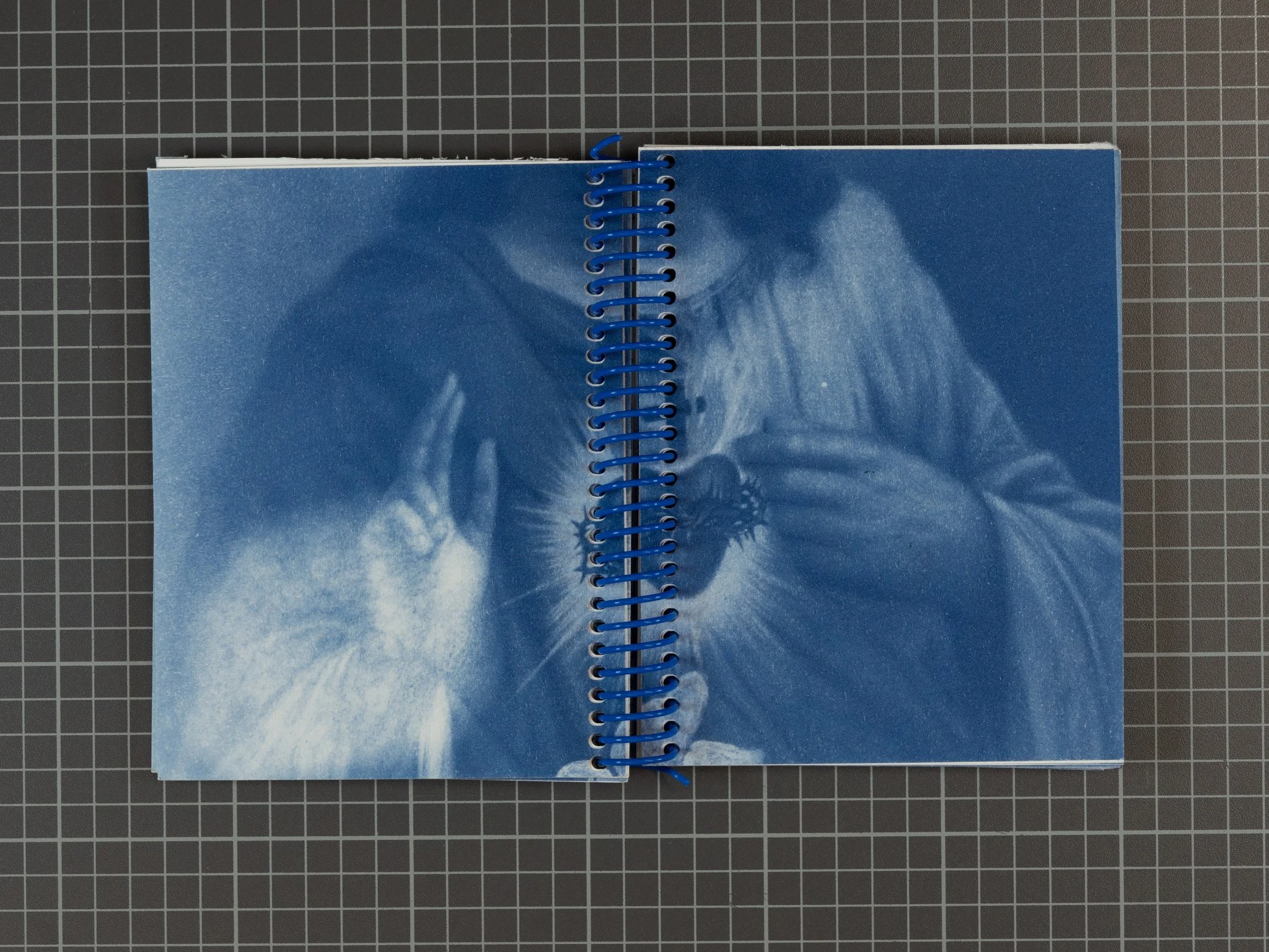 An open spiral-bound photo book displaying a double-page blue-toned image of a woman on the right and a man on the left, both gazing at each other.