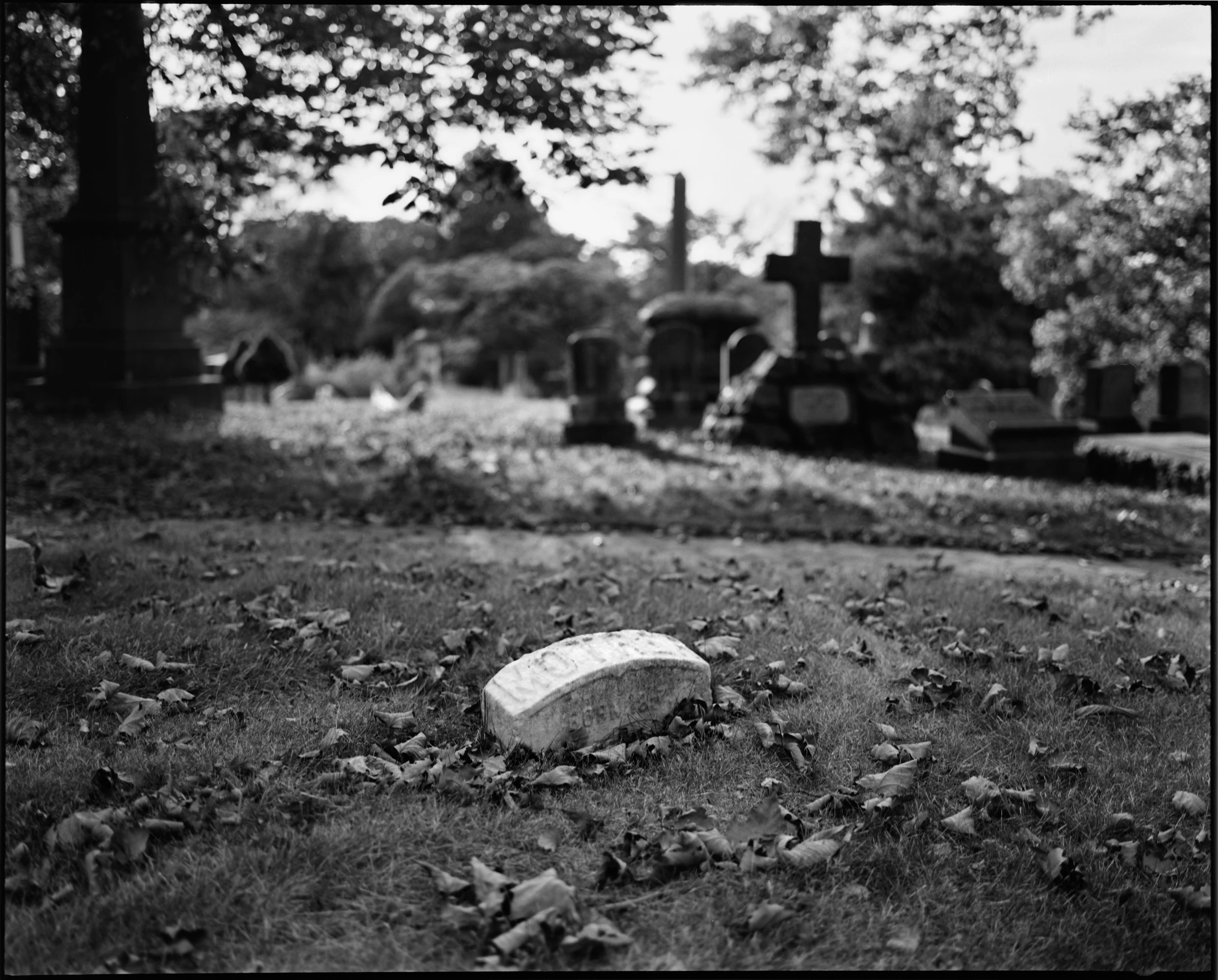 A black and white photograph of a cemetery with fallen leaves on the grass, headstone in the foreground titled mother, and several upright gravestones and crosses in the background.