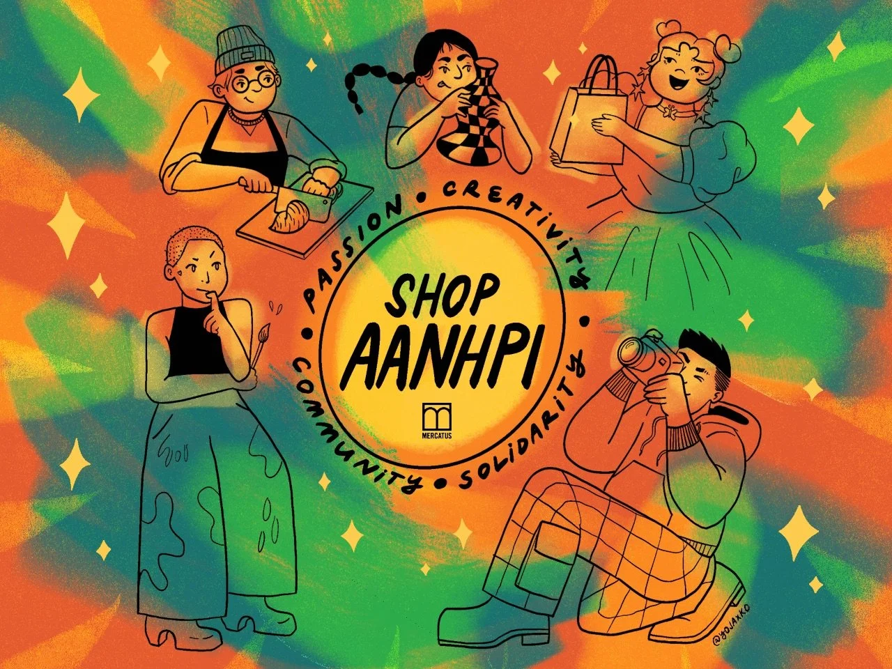 Illustration 'Shop AANHPI' with the words 'Passion, Creativity, Community, Solidarity' around the circle, featuring diverse cartoon characters engaging in various activities such as cooking, contemplating, shopping, and photography, set against a colorful, sparkly background.