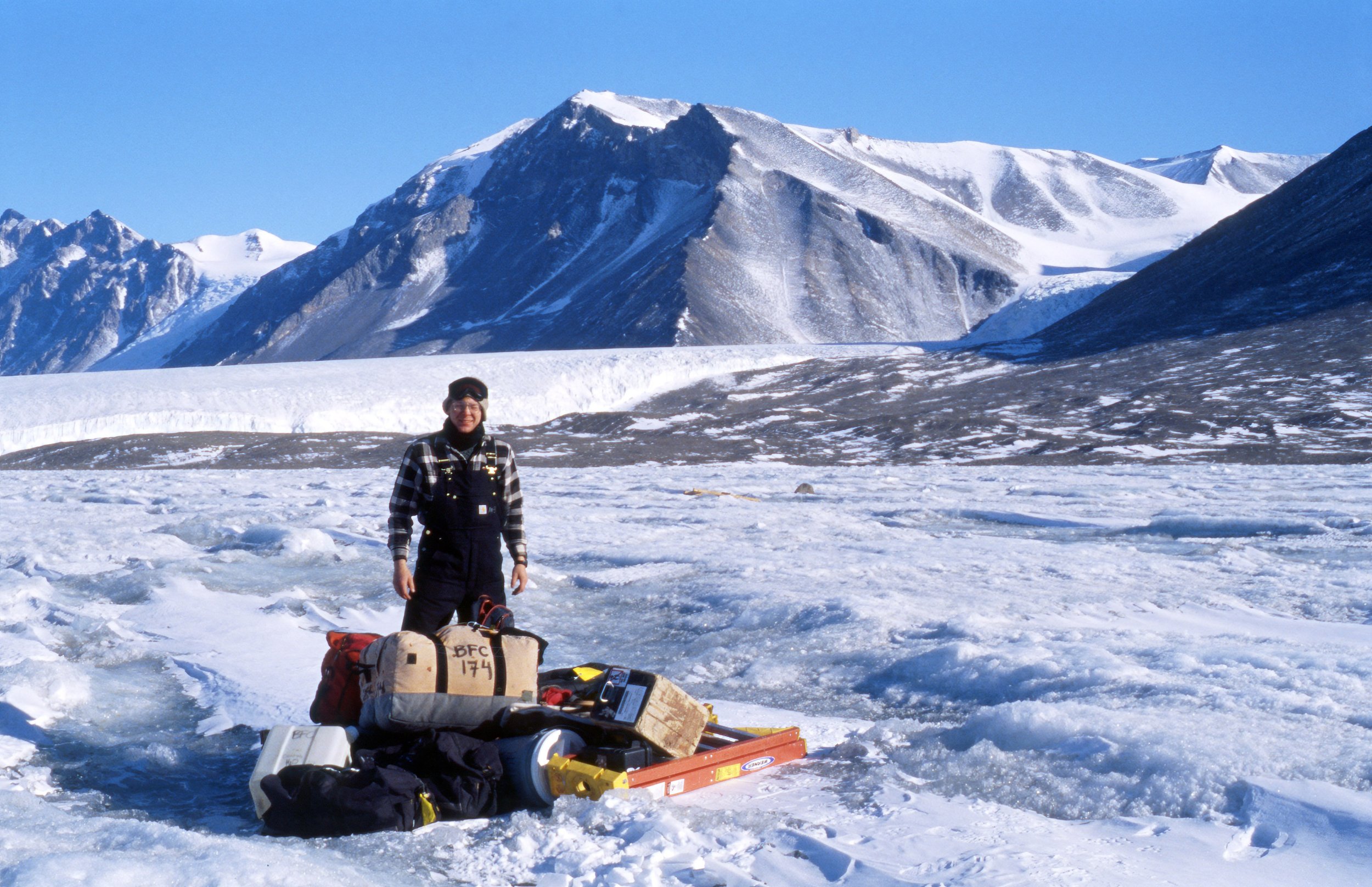 Joey, tools, glacier, mountain (in that order). Lake Fryxell, Dry Valleys (10" x 15" print)