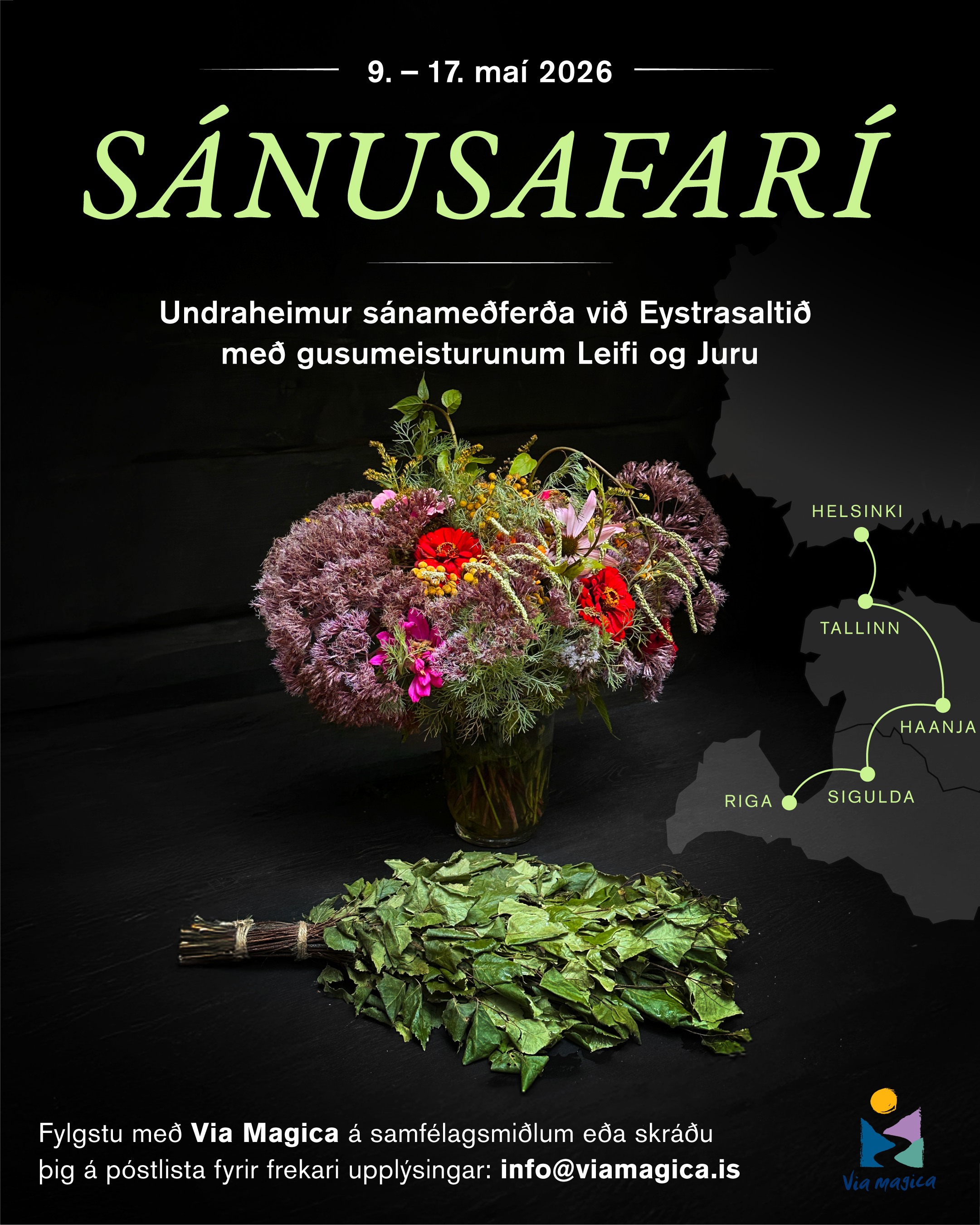 Event poster for 'Sánusafari' from May 9 to May 17, 2026, features a floral arrangement and a birch branch in a glass vase, showing a map of Riga, Tallinn, Haanja, Helsinki, and Sigulda, with contact info at the bottom.
