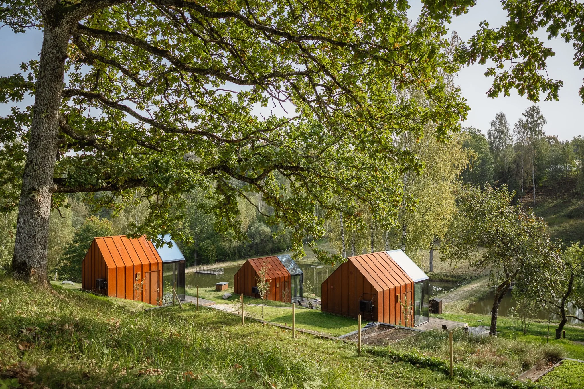 Three small, modern cabins with metal roofs built near a river, surrounded by trees and grass, with a large tree in the foreground.