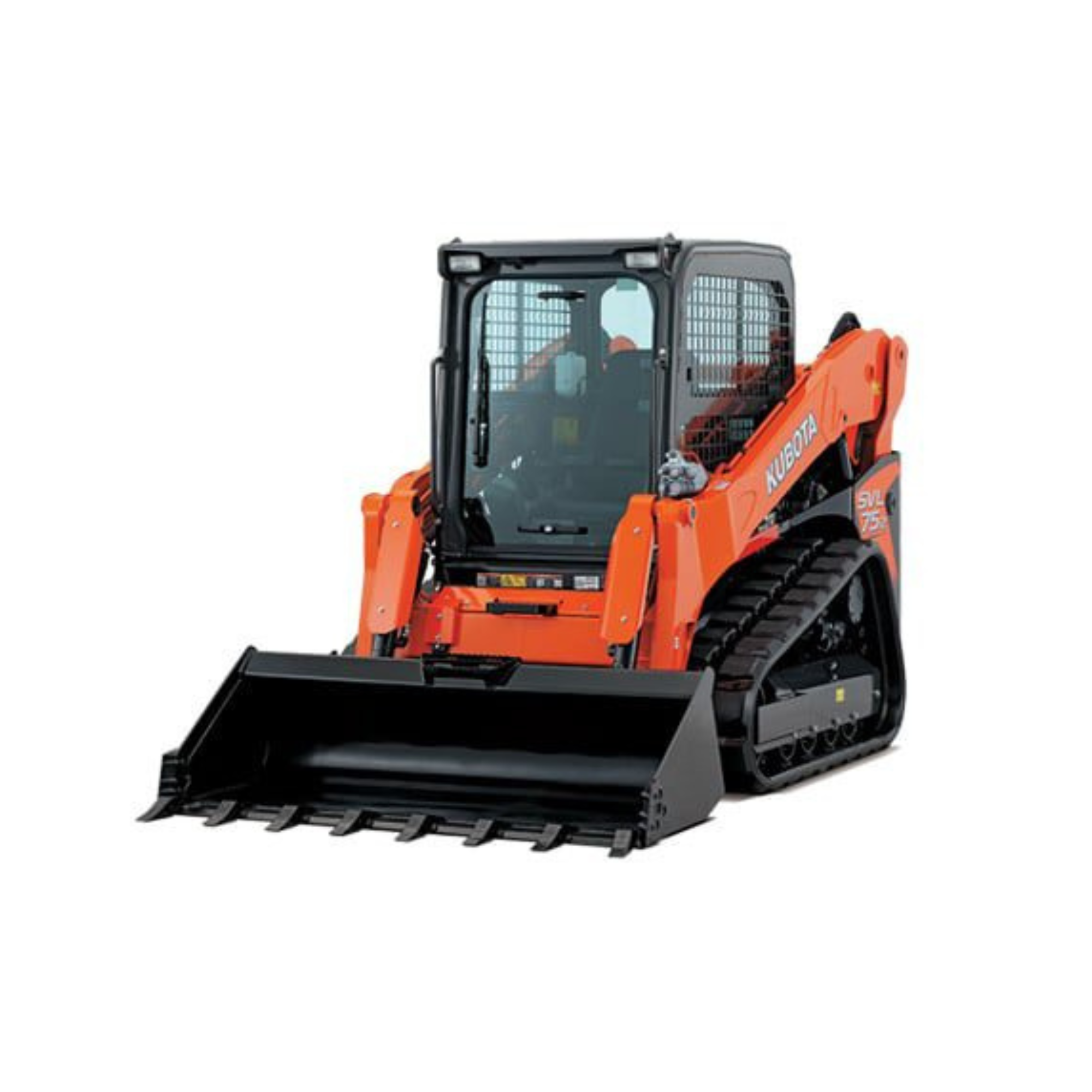 Orange Kubota skid steer loader with a black bucket attachment, tracked wheels, and a cab with protective grid, provided by G-Quip Services LLC in the Brazos Valley, Texas.