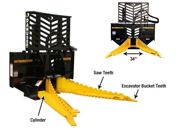 Danuser Intimidator tree and post puller with labeled parts including saw teeth, excavator bucket teeth, and cylinder. Width measurement shows 34 inches.