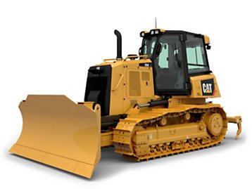 Yellow Caterpillar bulldozer with a large front blade and black cabin.