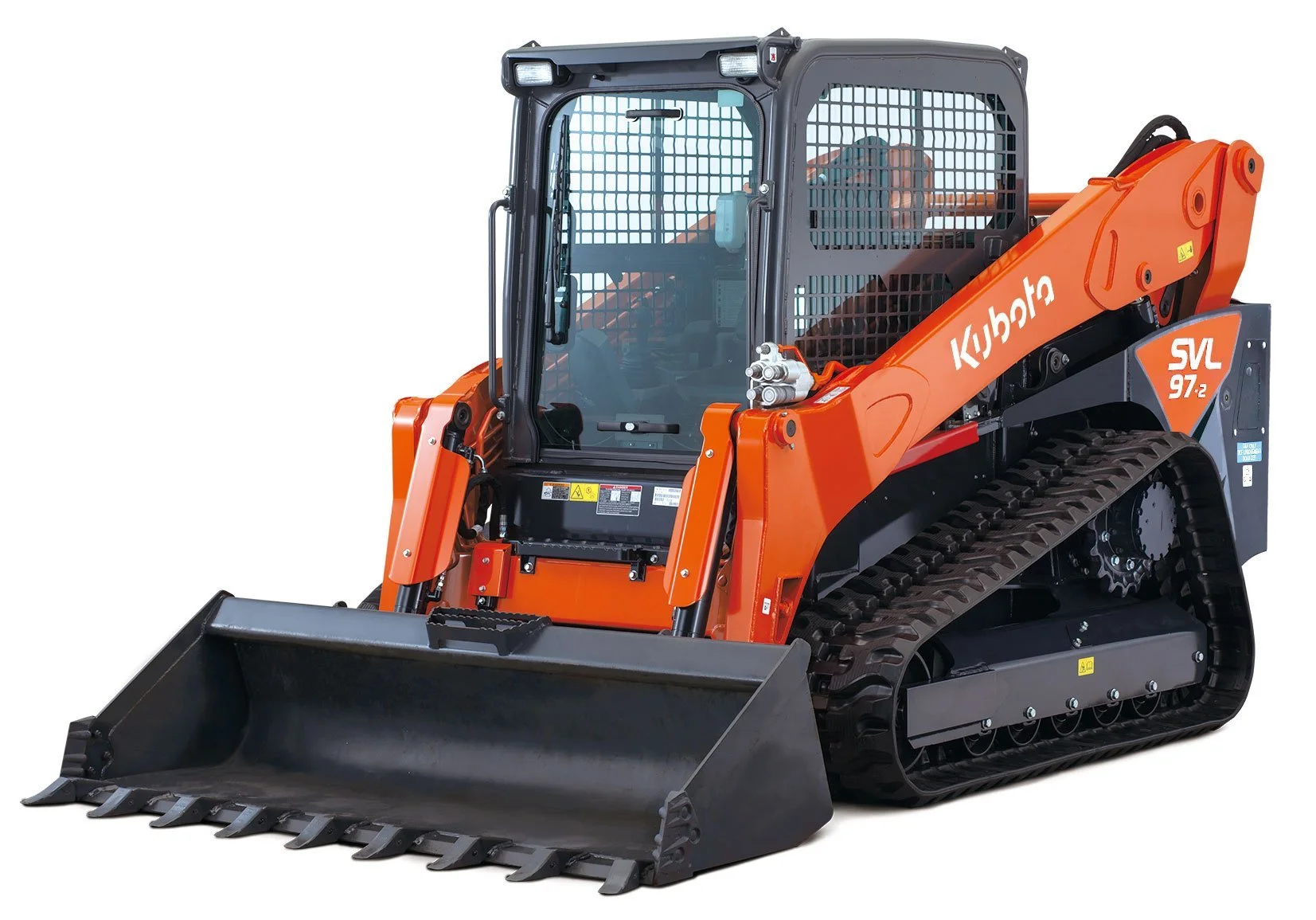 Orange Kubota SVL97-2 compact track loader with front loader bucket