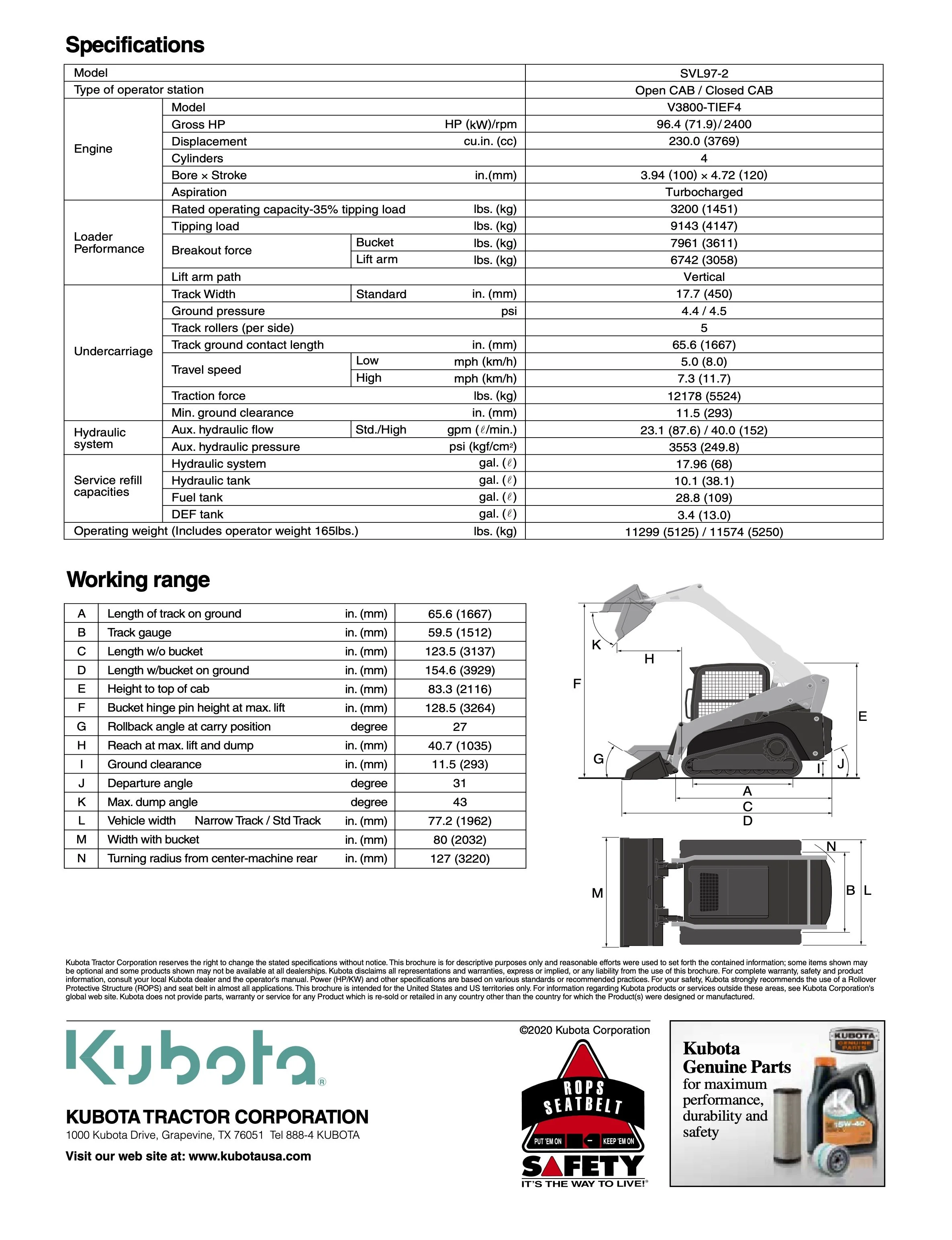 Brochure with specifications for a Kubota tractor model SVL97-2, featuring engine details, loader performance, undercarriage data, and working range. Includes dimensions and diagrams, along with safety and parts information.