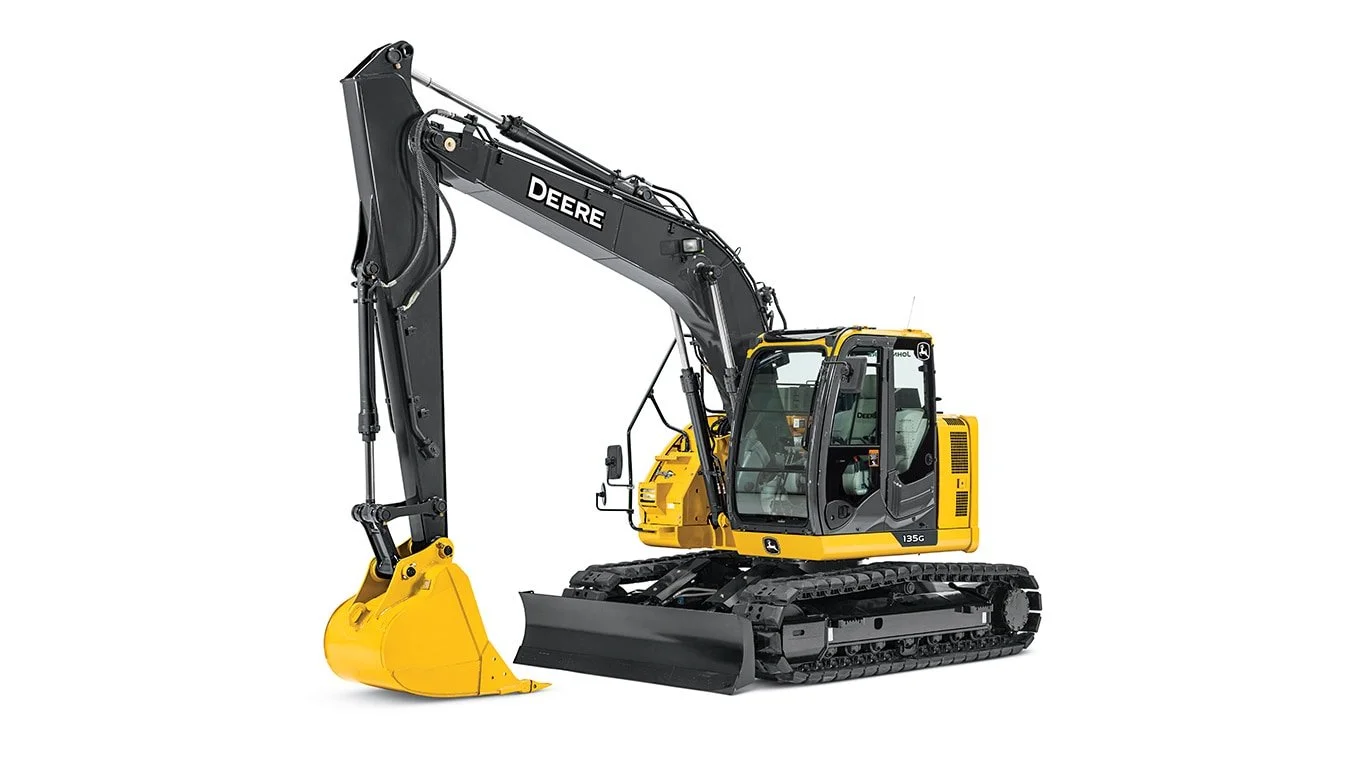 A yellow and black excavator on a white background.