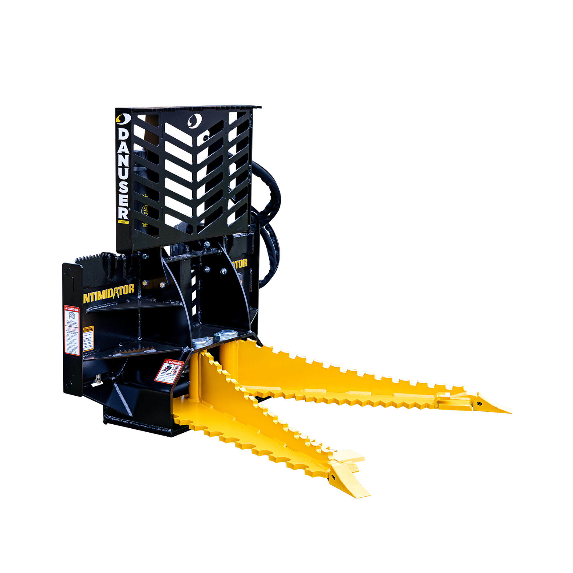 Heavy-duty wood splitter with two yellow chopping blades and black metal frame, provided by G-Quip Services LLC in the Brazos Valley, Texas.