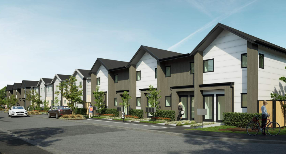 Architectural visualisation of an AO Estates residential street with townhouses and front gardens.