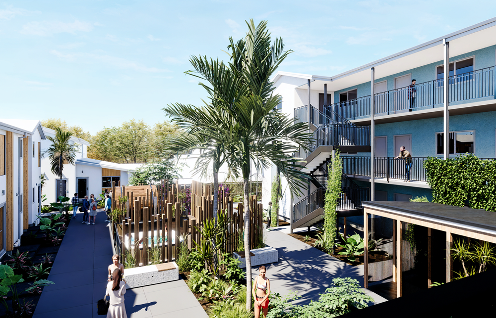 Architectural visualisation of the shared courtyard and paths at 87 Marine Parade.