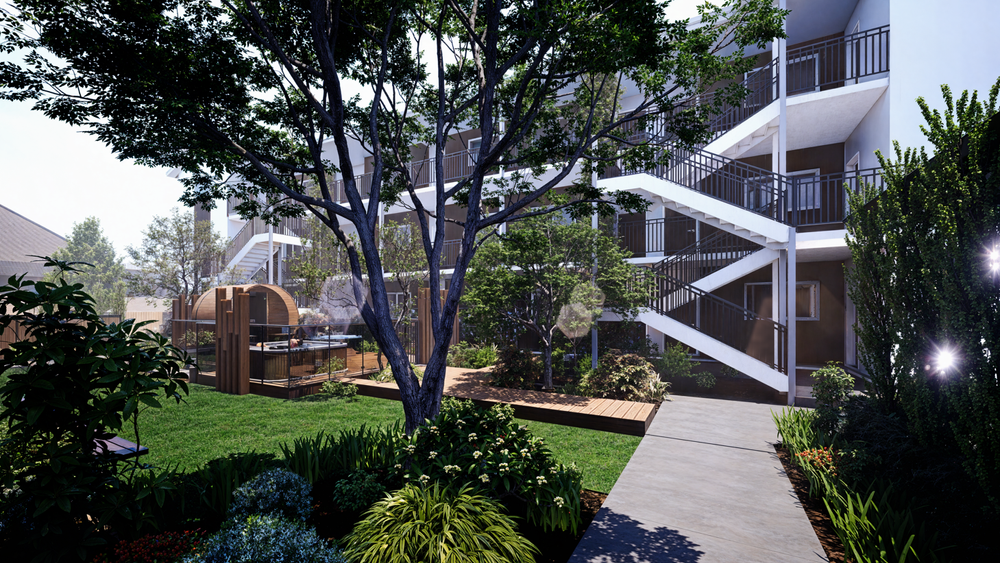 Architectural visualisation of the garden and external stairs at 12 Bath Street.