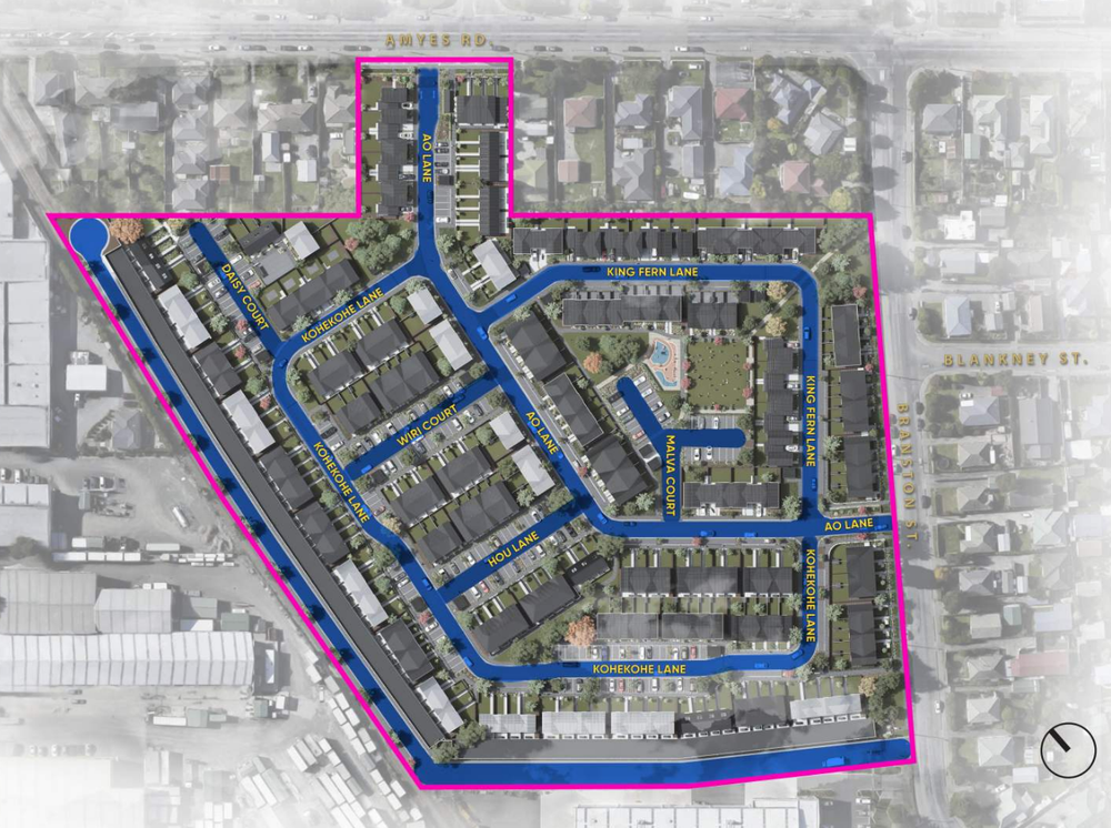 Illustrative master plan showing buildings, access routes and landscaping across a development site