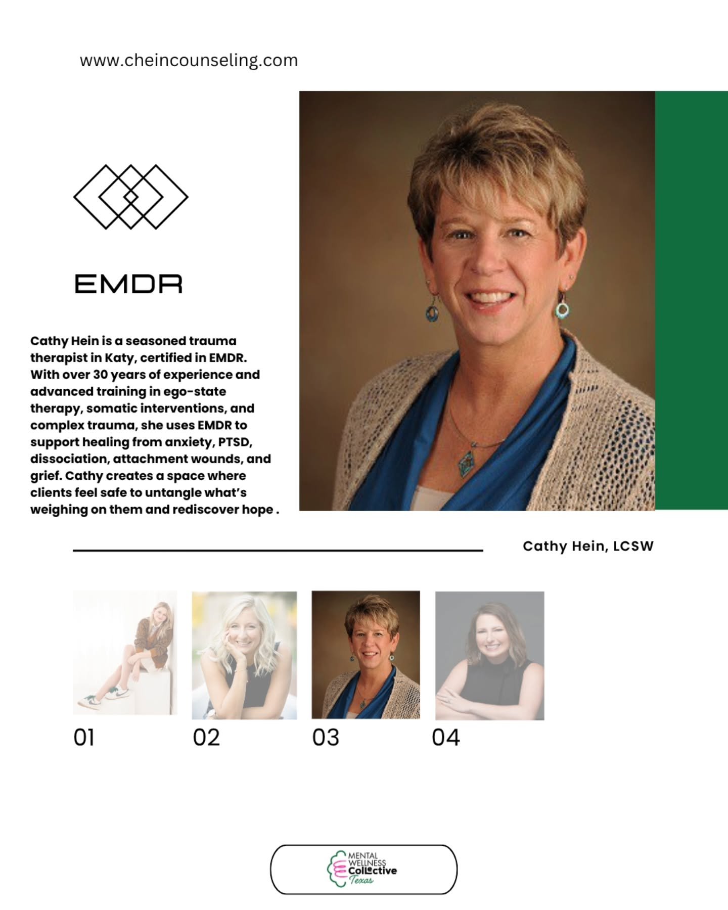 Cathy Hein, LCSW, is the Owner and Founder of CH Counseling Sevices. 

She is EMDR Certified and brings a robust trauma background to our trauma panel on July 11.

With a direct, unfiltered, wise, and insightful approach to mental wellness, we're gra