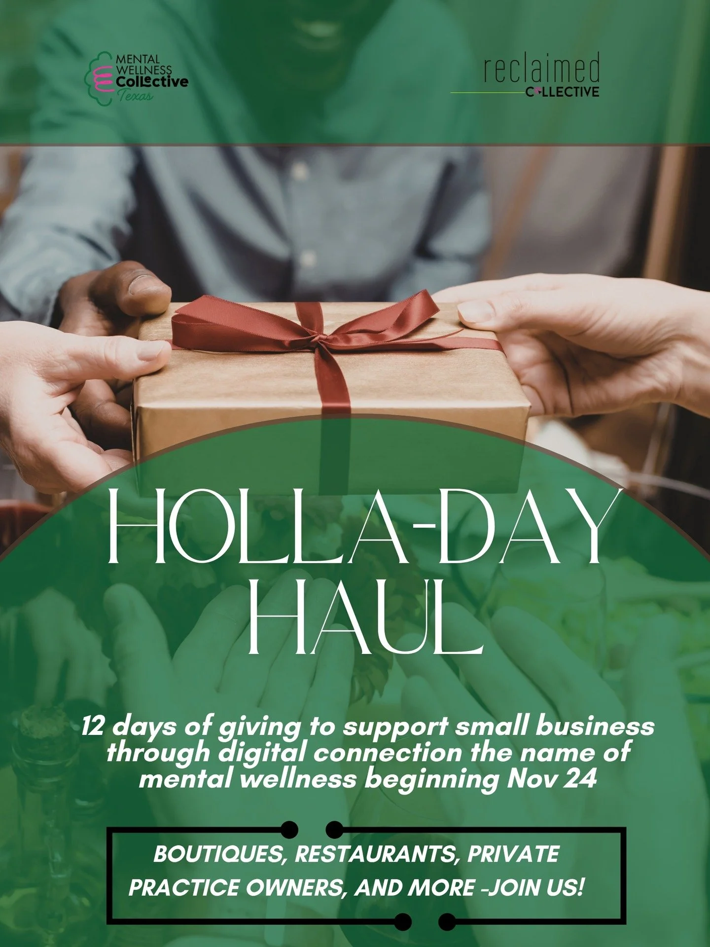 We're launching a HOLLAday Haul and invite you to join us.

We're putting a spin on a 12 days of Christmas and inviting other content creators, private practices, small business owners, food artisans, coffee shops, restaurants, boutiques, and more to