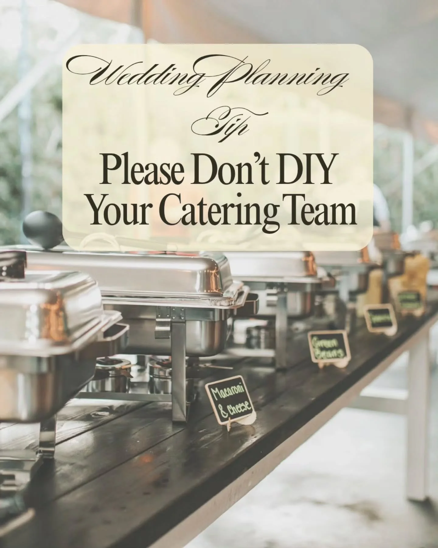 One thing I sometimes see couples try is piecing together their catering, ordering food from a restaurant, renting chafing dishes, hiring serving staff separately, and hoping everything comes together smoothly.

On paper, it can seem like a way to sa
