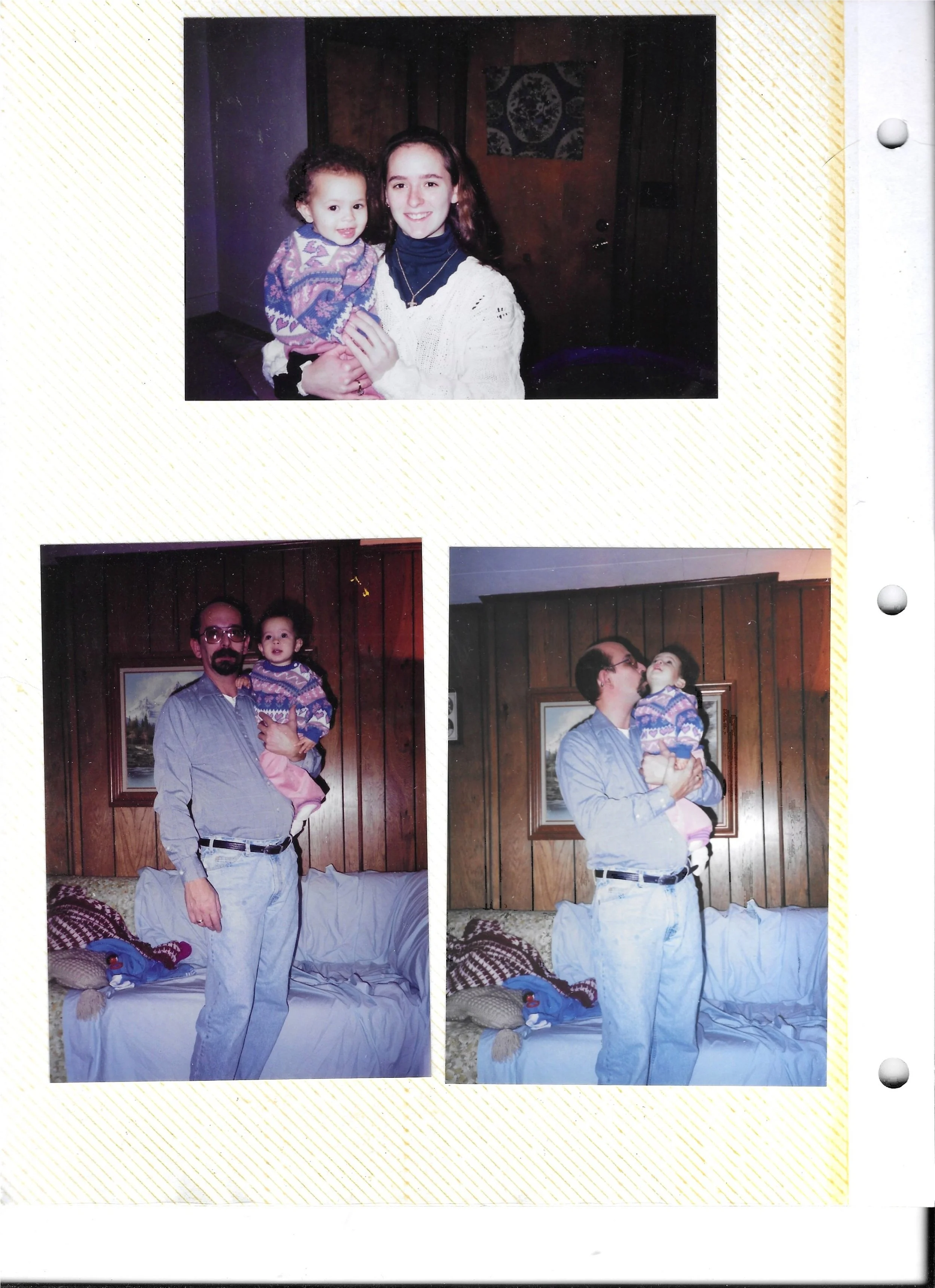 Three photos on a yellow bordered page. The top photo features a woman with brown hair holding a young girl with curly hair and a colorful sweater, inside a room with wooden paneling and a wall hanging. The bottom left photo shows a man with glasses and a beard, wearing a blue shirt, holding the same young girl, standing in front of a wooden paneled wall with a framed picture. The bottom right photo shows the man kissing the girl on the cheek while she looks up, inside the same room.