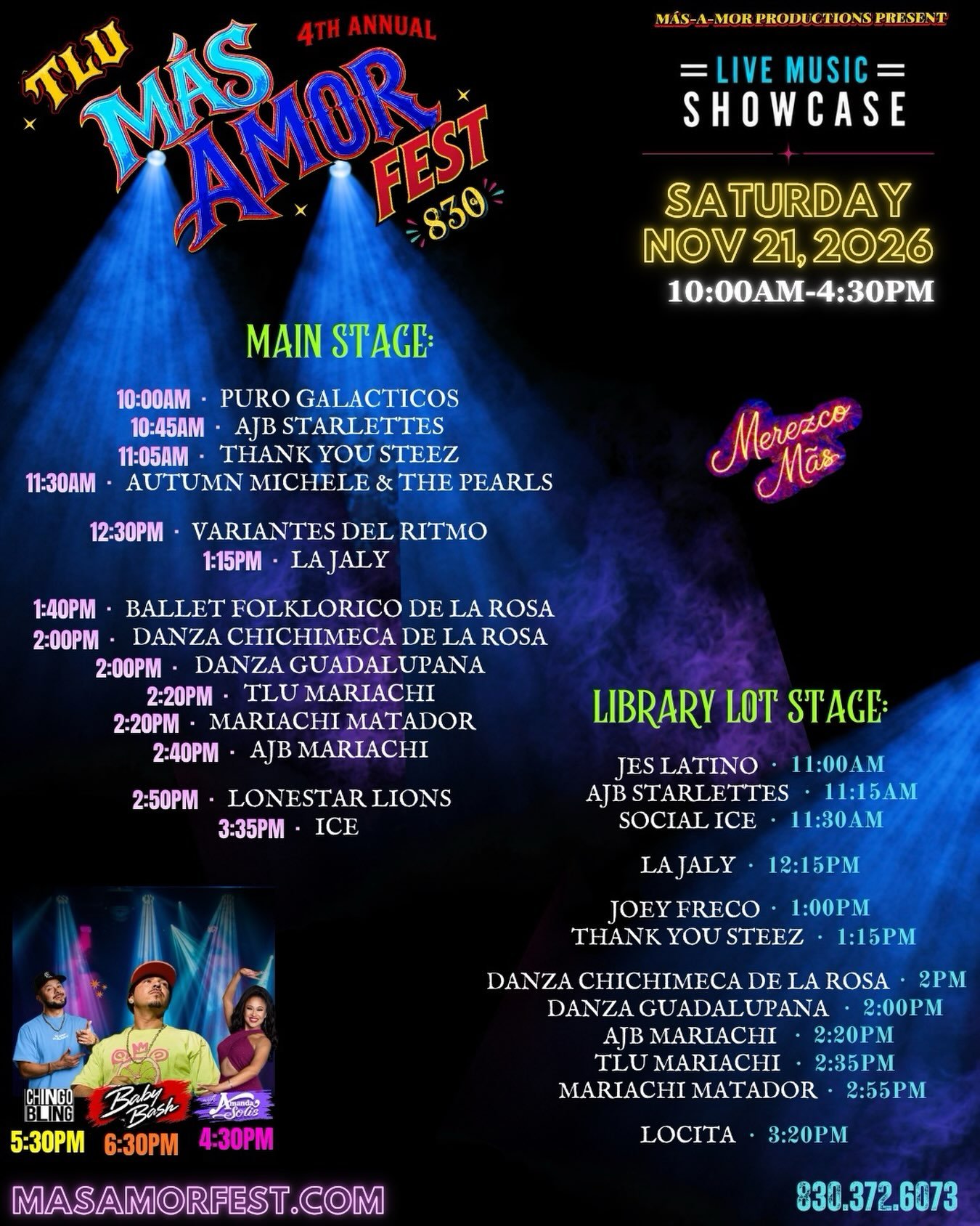 We&rsquo;re excited to announce our complete Live Music Showcase schedule! 🔥 🎶

Plan your day with us at M&aacute;s Amor Fest 2026! Enjoy performances on both of our stages throughout the day, then stick around for the evening concert with Amanda S