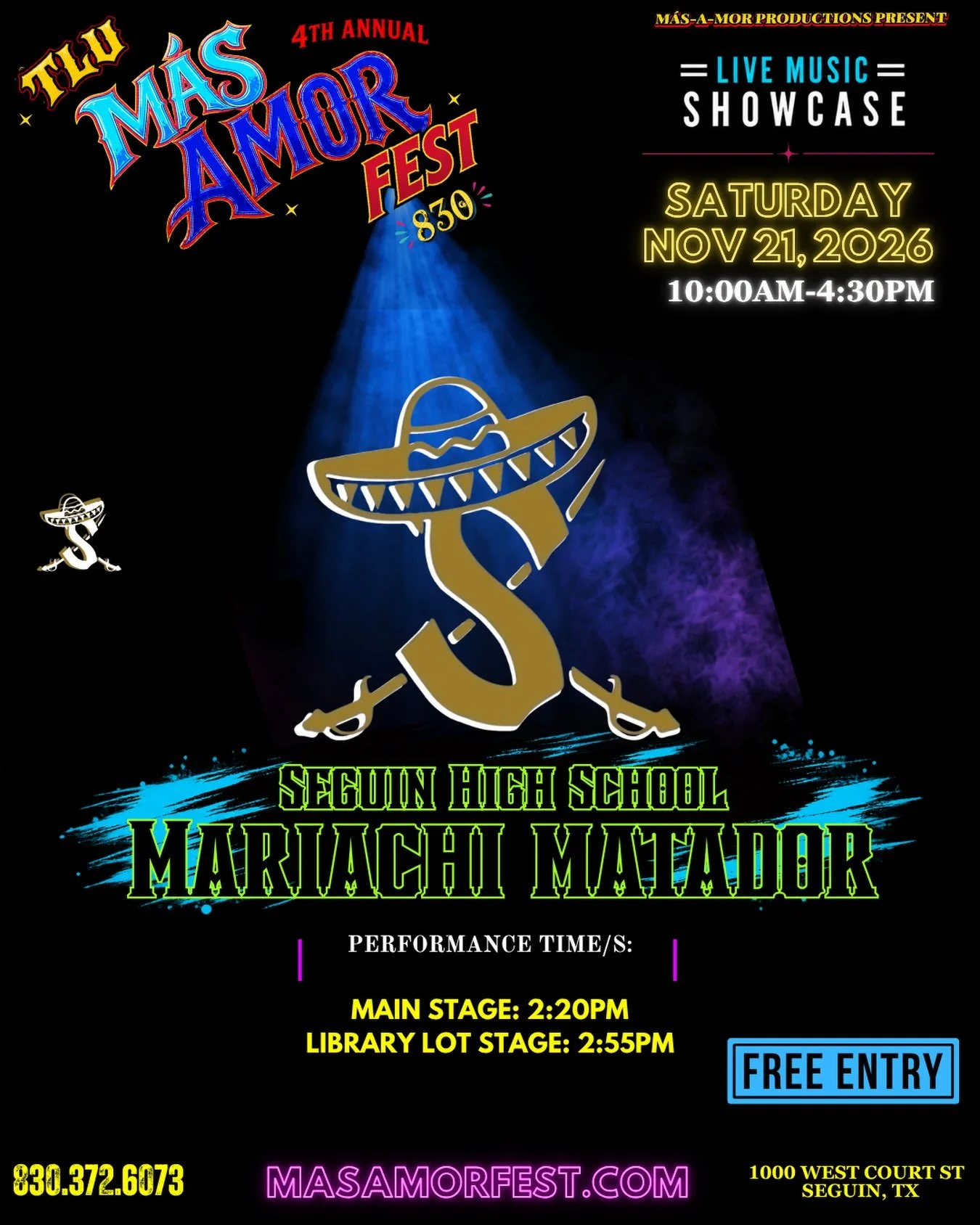 ARTIST SPOTLIGHT 🎤🔥

We are excited to announce that Seguin High School&rsquo;s Mariachi Matador is joining us at M&aacute;s Amor Fest! Come support these student musicians as they perform on both stages during our 2026 Live Music Showcase.

Main S