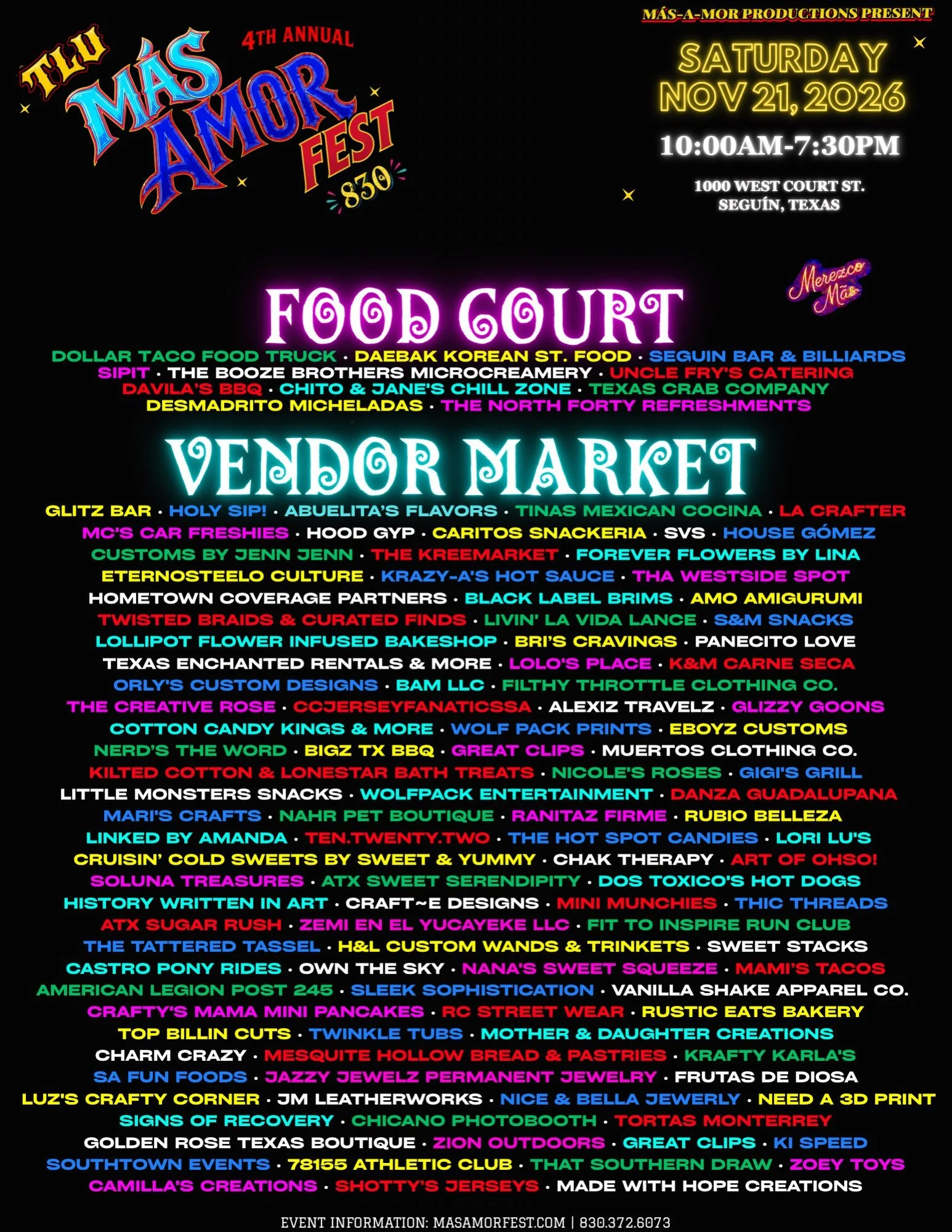 M&Aacute;S COMIDA! M&Aacute;S VENDORS! M&Aacute;S AMOR 2026! 🔥

Meet the amazing food vendors, artists and local businesses joining us for the M&aacute;s Amor Fest 2026!

120+ vendors!!! Get ready to show our local vendors some love! Come hungry, th
