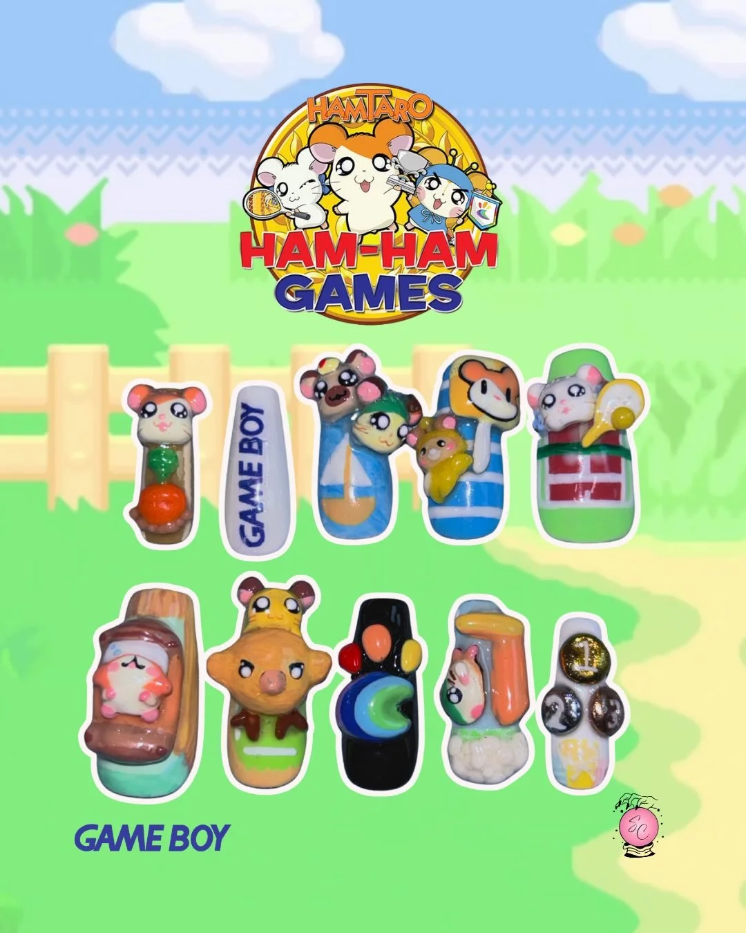 Hamtaro Ham Ham Games themed nails 🐹
.
.
I&rsquo;m so proud of this set, it&rsquo;s based off my favorite childhood game so It means a lot to me!
.
Thank you to @ifwbabylon Hamtaro mold for the inspiration to make this set, also used some of her cla