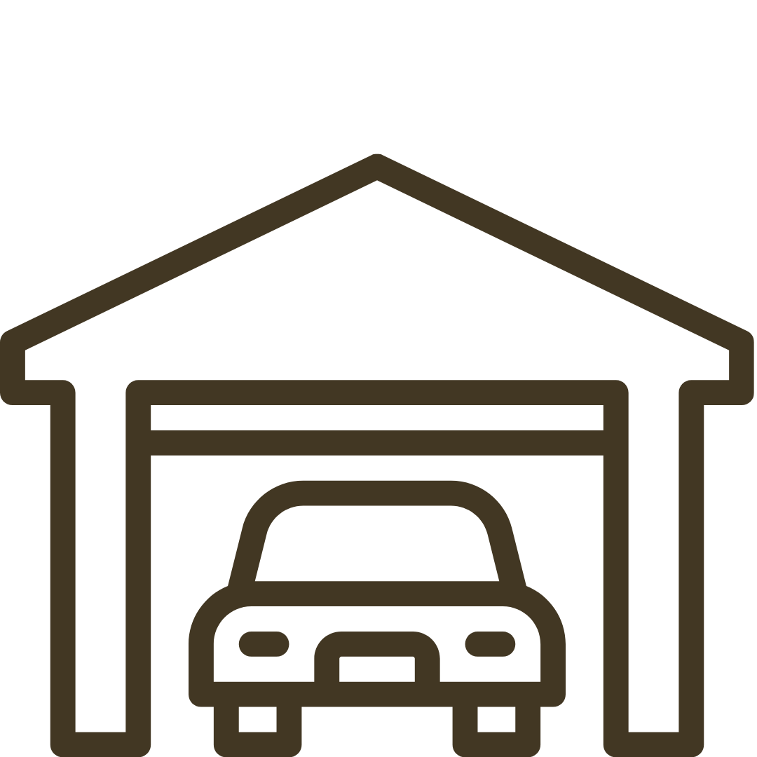 Outline drawing of a garage with a car inside.