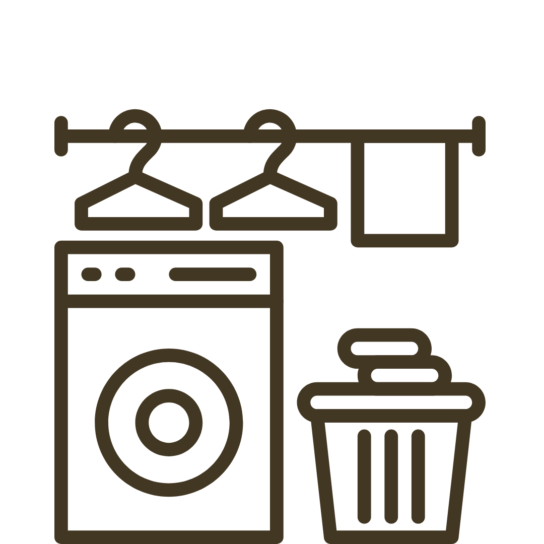 Line drawing of a laundry area with a washing machine, two hangers on a rack, a towel hanging, and a laundry basket.