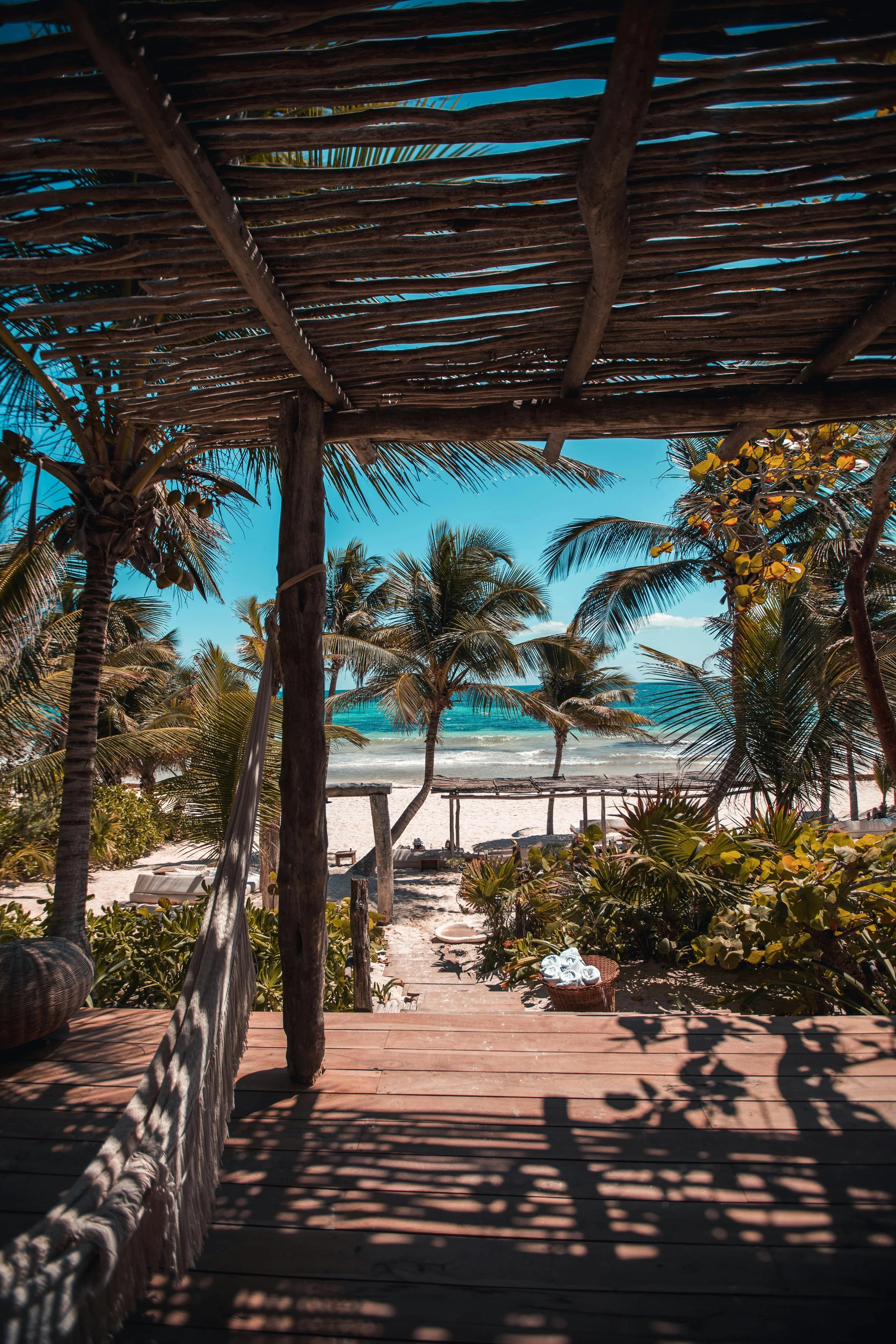 View from a shaded wooden porch overlooking a sandy beach lined with palm trees and the ocean under a blue sky.