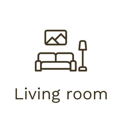 Icon of a living room with a sofa, a floor lamp, and a picture frame on the wall, with the text 'Living room' underneath.